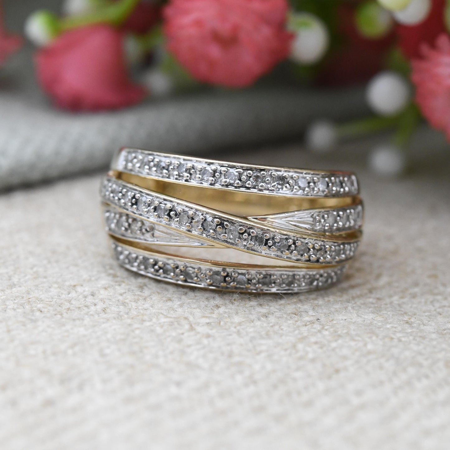 Vintage Multi Band Diamond Ring 9ct Gold Half Eternity .25 Carats 25 Points - Statement Chunky Band Ring Stack | UK Size - M US Size - 6 1/4