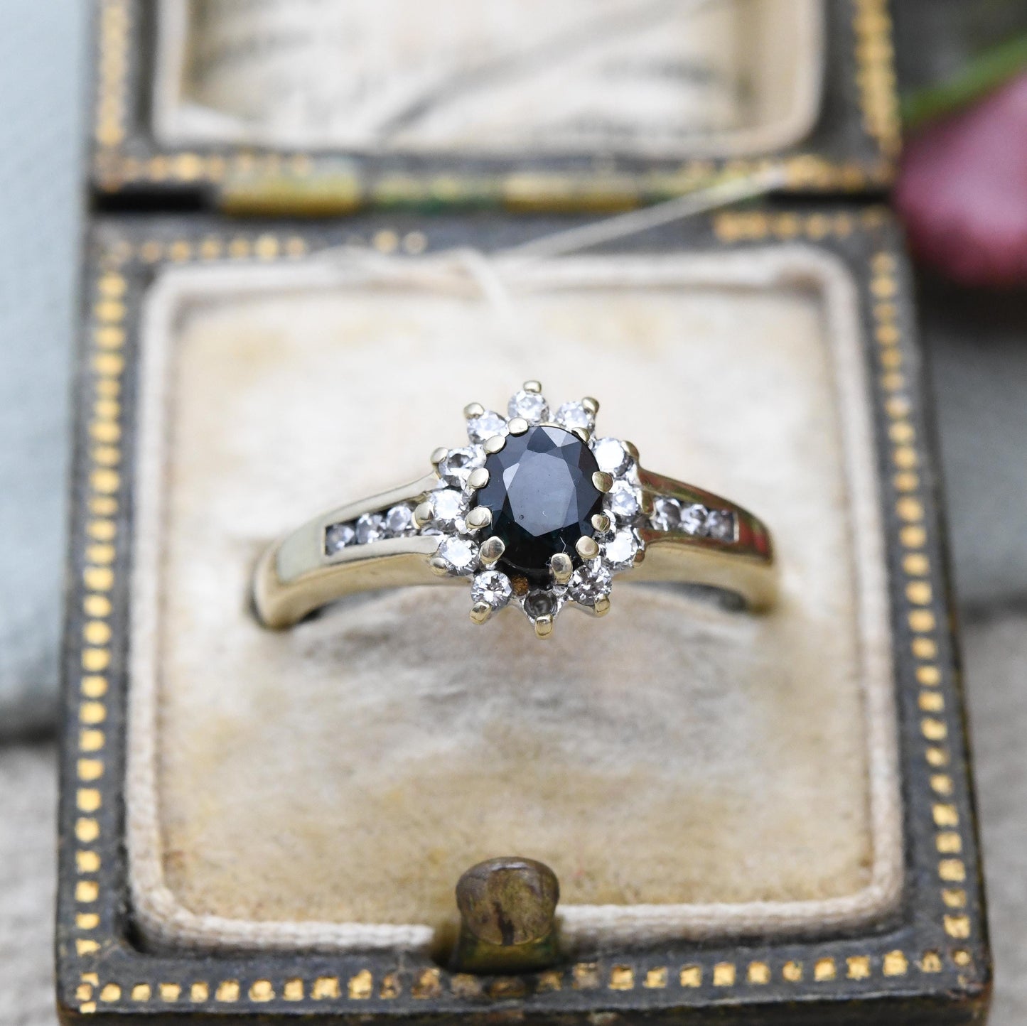 Vintage 9ct Gold Diamond Sapphire Halo Ring with Diamond Shoulders - Statement Deep Blue Engagement Gift | UK Size - J 1/2 | US Size - 5