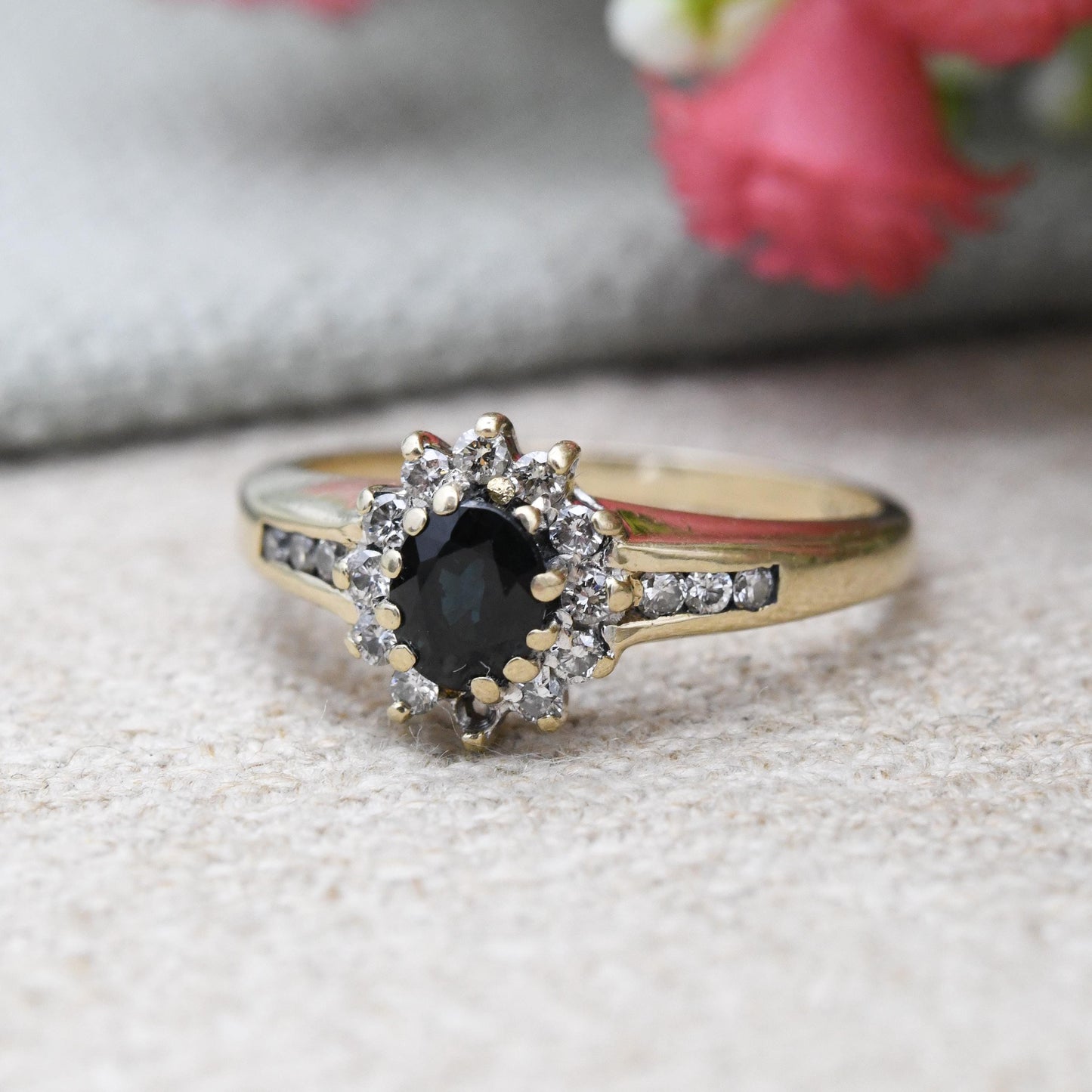 Vintage 9ct Gold Diamond Sapphire Halo Ring with Diamond Shoulders - Statement Deep Blue Engagement Gift | UK Size - J 1/2 | US Size - 5