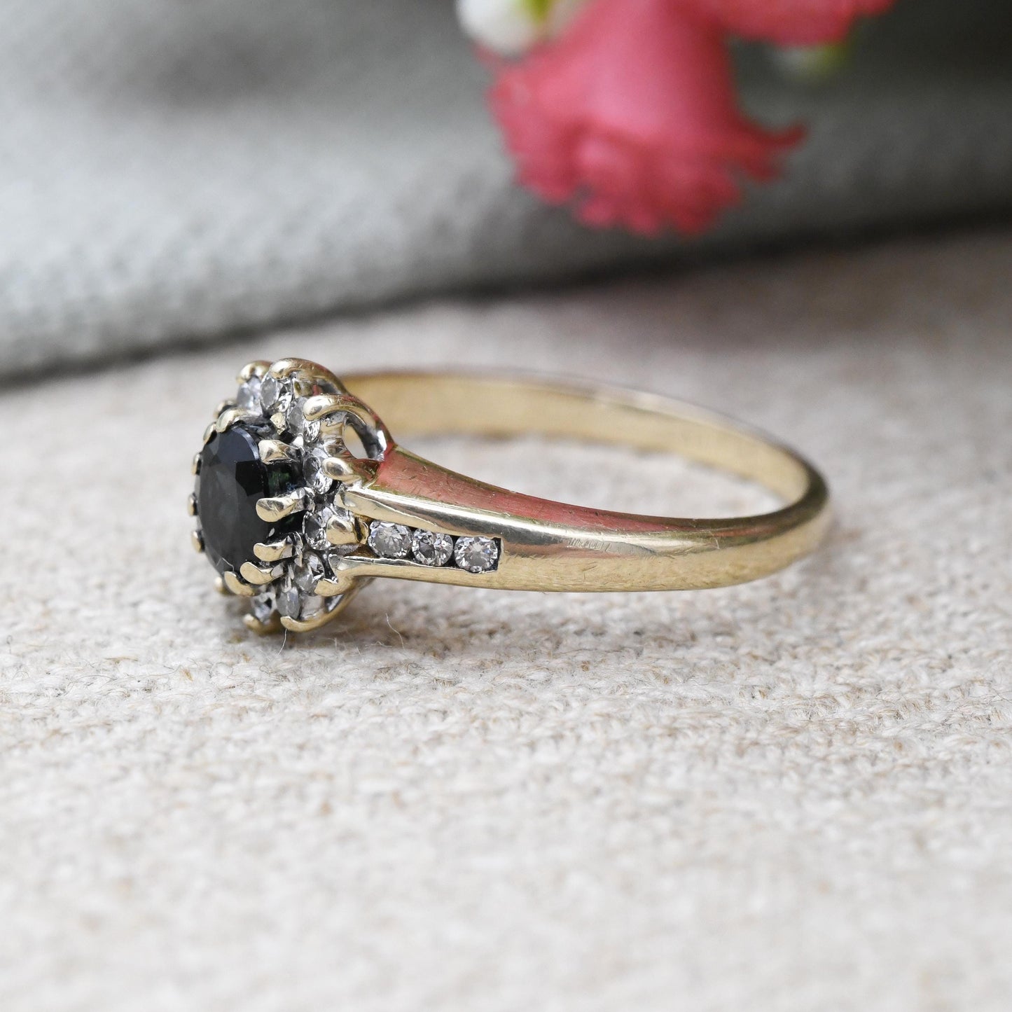 Vintage 9ct Gold Diamond Sapphire Halo Ring with Diamond Shoulders - Statement Deep Blue Engagement Gift | UK Size - J 1/2 | US Size - 5