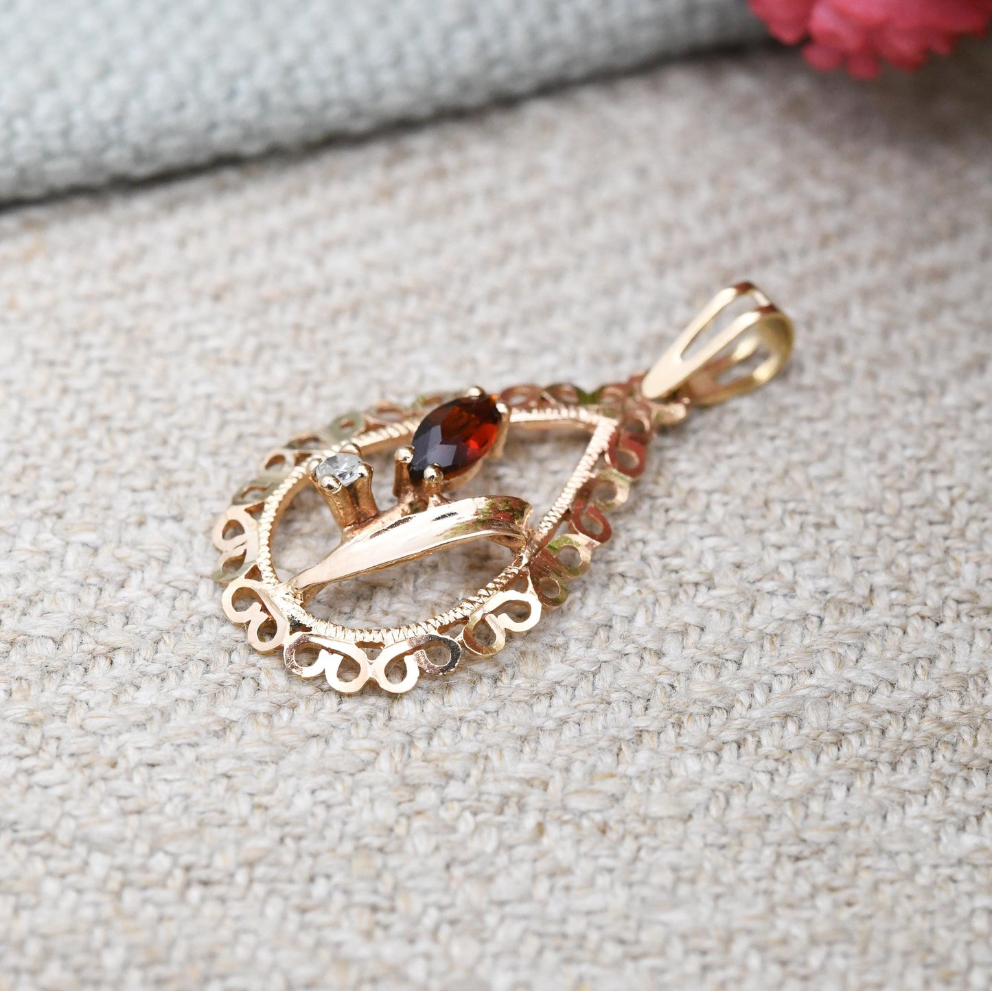 Vintage 9ct Gold Garnet Flower Pendant with White Stone - Marquise Red Stone | Bulrush Tulip | Pretty January Birthstone Jewellery Gift