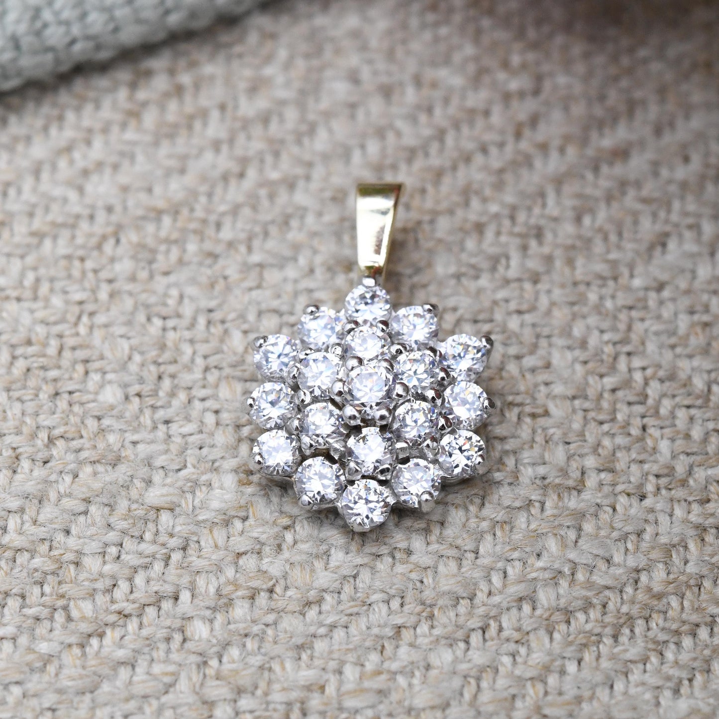 Vintage 9ct Gold Cubic Zirconia Cluster Pendant - Round Sparkly Clear Stones | Charm for Necklace Stack | Jewellery Gift for Her