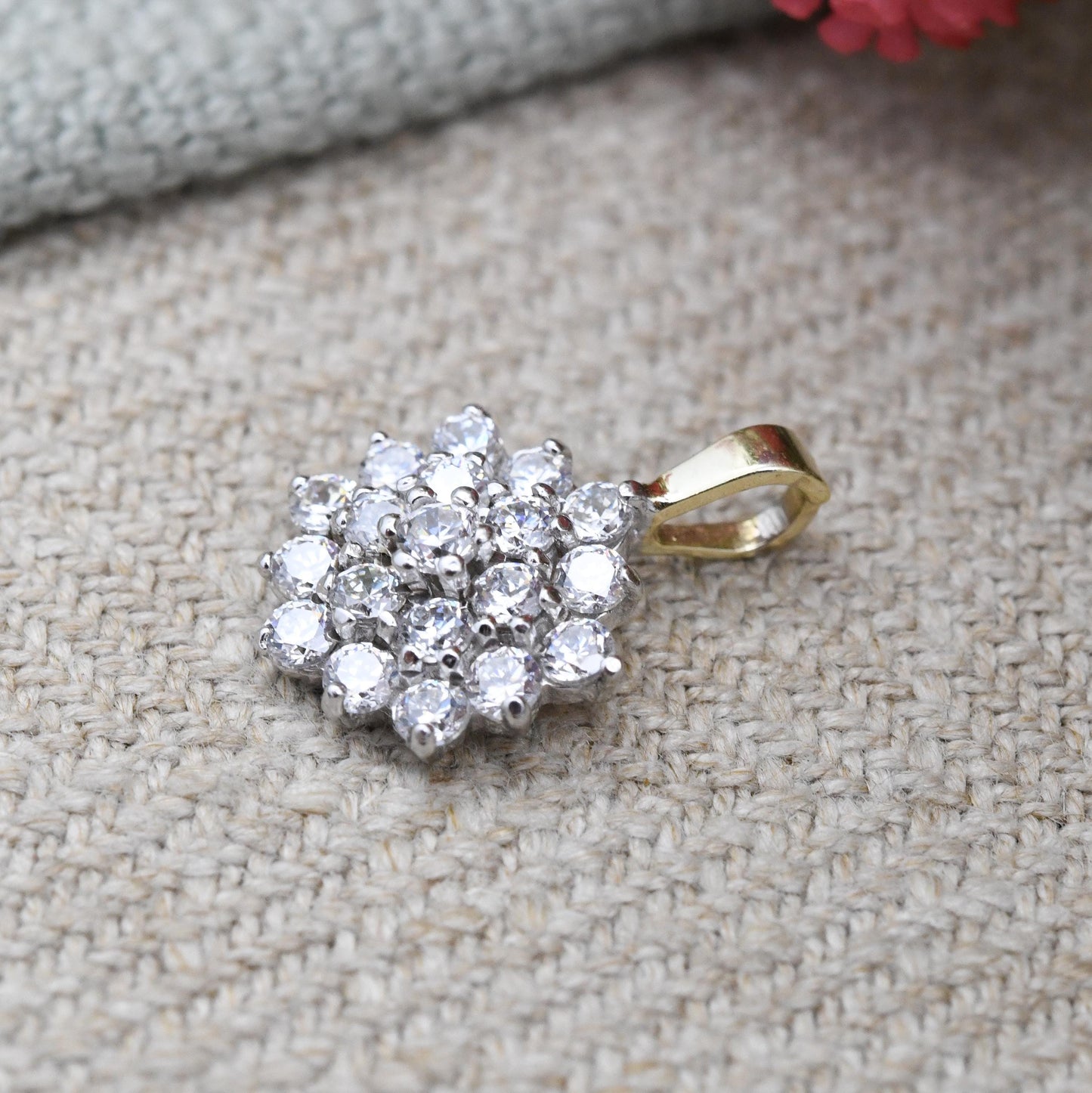 Vintage 9ct Gold Cubic Zirconia Cluster Pendant - Round Sparkly Clear Stones | Charm for Necklace Stack | Jewellery Gift for Her