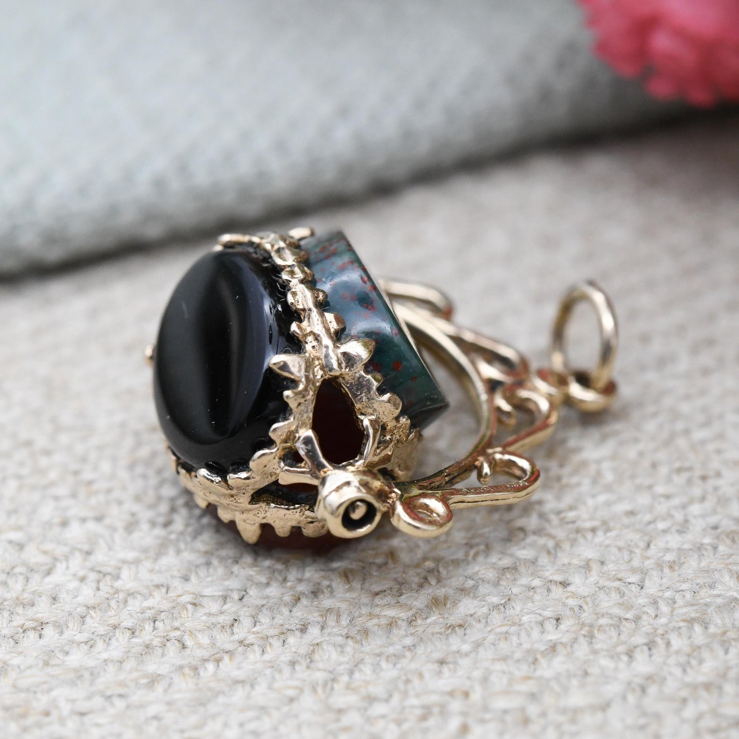 Vintage 9ct Gold Gemstone Spinner Fob Pendant - Antique Style Miniature Spinning Watch Fob Charm Ornate | Onyx Bloodstone Red Carnelian