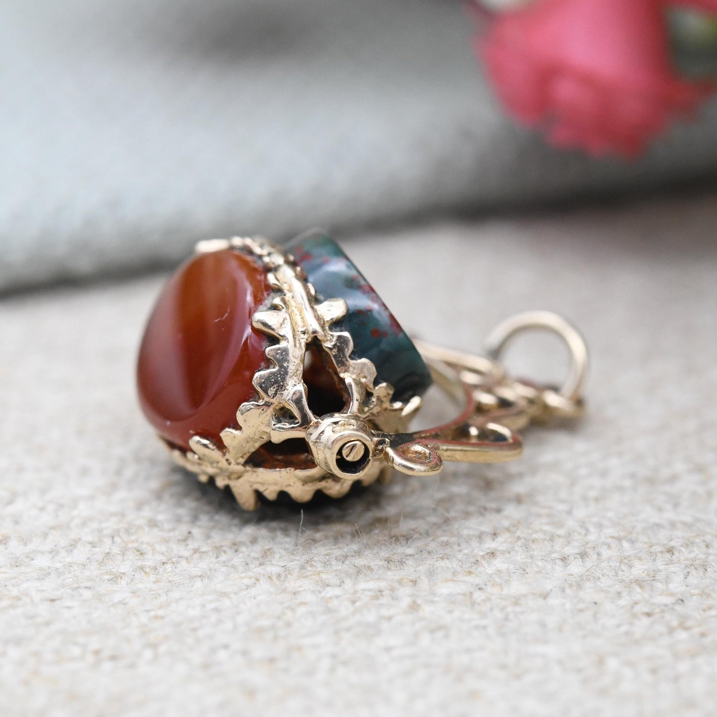 Vintage 9ct Gold Gemstone Spinner Fob Pendant - Antique Style Miniature Spinning Watch Fob Charm Ornate | Onyx Bloodstone Red Carnelian
