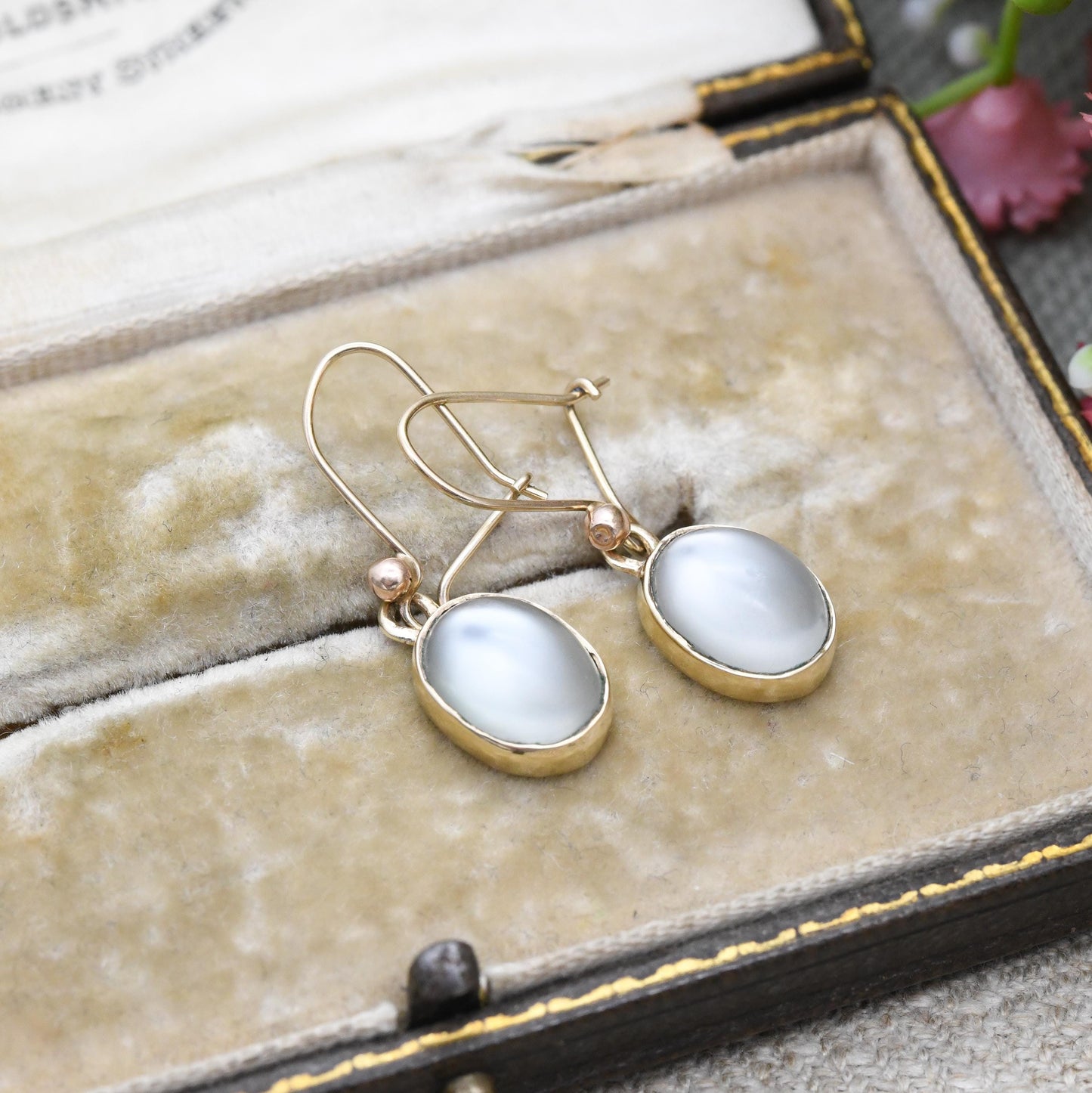 Vintage 9ct Gold Moonstone Drop Earrings 1976 - Solid Gold Dangle Stud Earrings | Cabochon White Oval Gemstone | Pretty Jewellery Gift