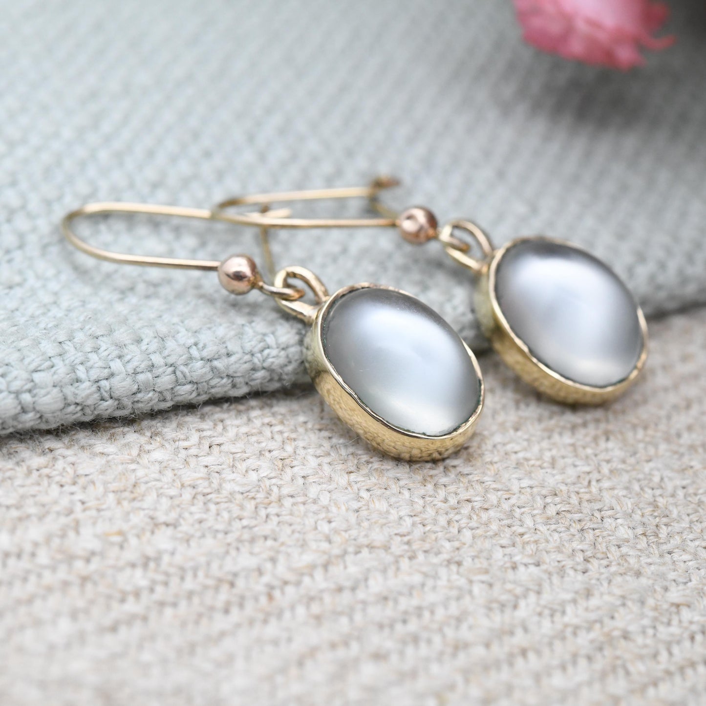 Vintage 9ct Gold Moonstone Drop Earrings 1976 - Solid Gold Dangle Stud Earrings | Cabochon White Oval Gemstone | Pretty Jewellery Gift