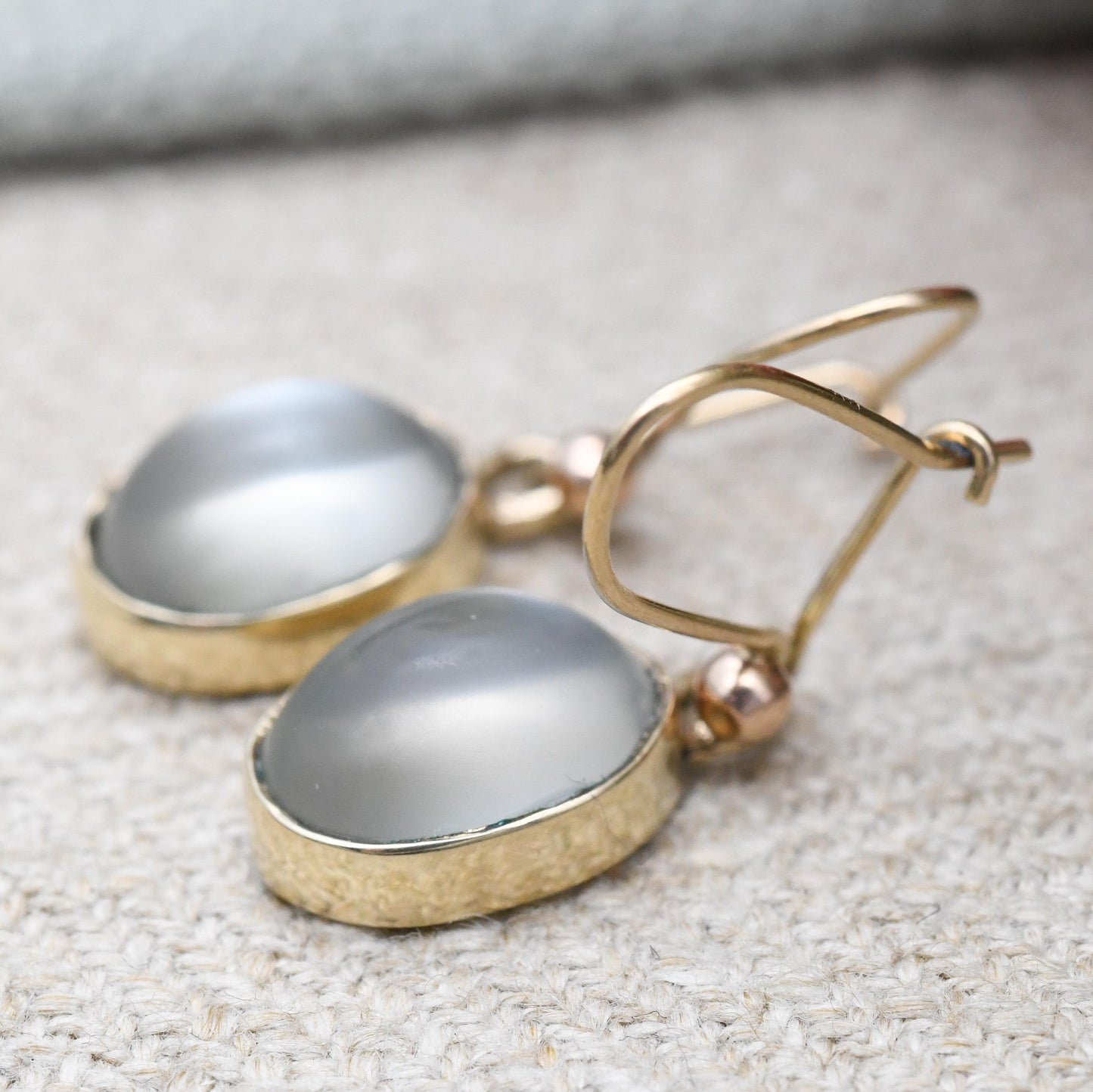 Vintage 9ct Gold Moonstone Drop Earrings 1976 - Solid Gold Dangle Stud Earrings | Cabochon White Oval Gemstone | Pretty Jewellery Gift