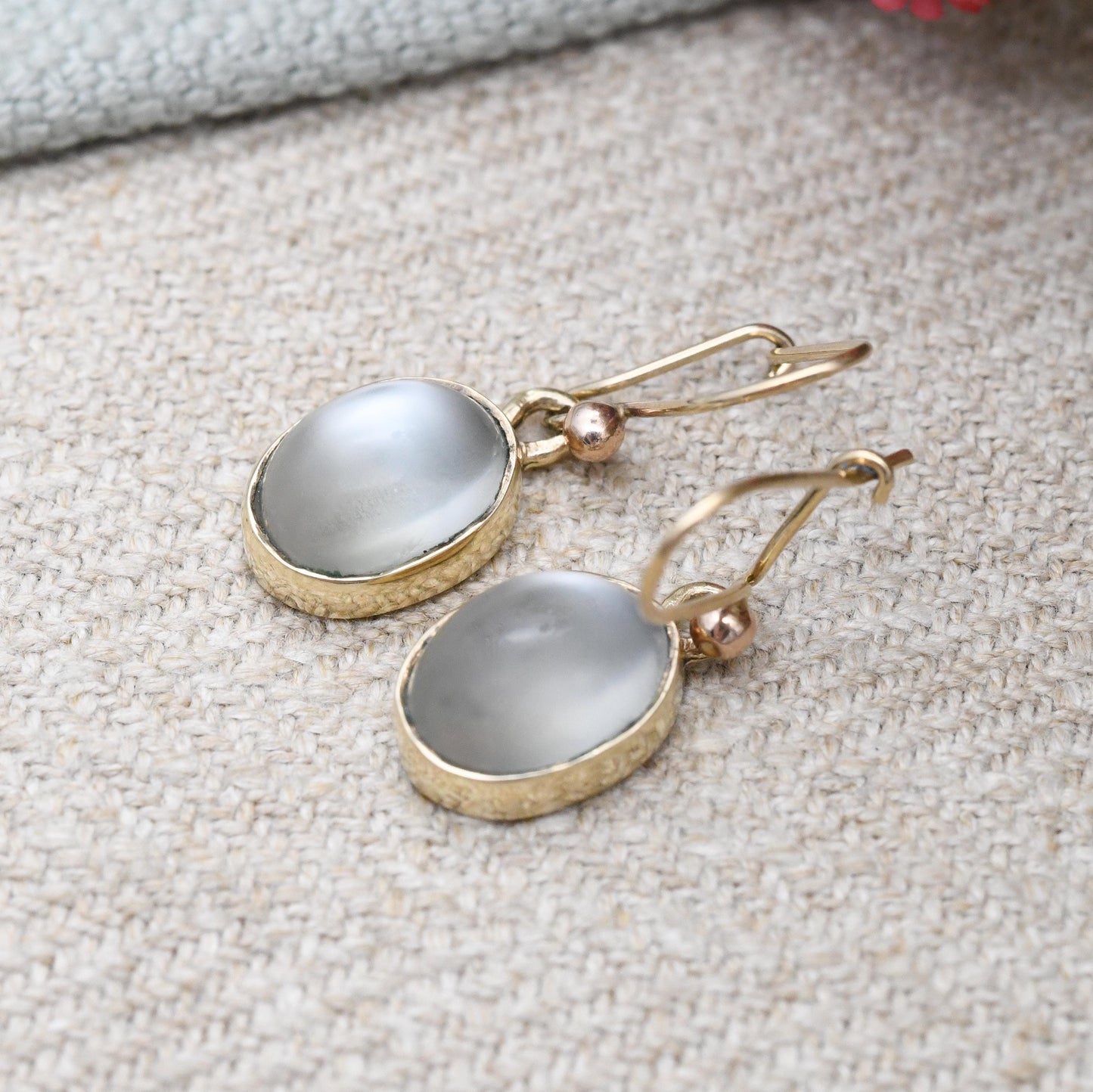 Vintage 9ct Gold Moonstone Drop Earrings 1976 - Solid Gold Dangle Stud Earrings | Cabochon White Oval Gemstone | Pretty Jewellery Gift