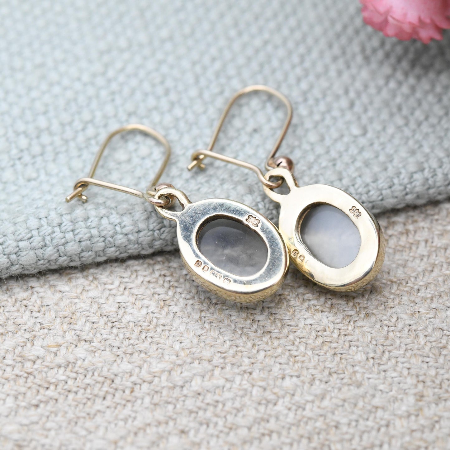 Vintage 9ct Gold Moonstone Drop Earrings 1976 - Solid Gold Dangle Stud Earrings | Cabochon White Oval Gemstone | Pretty Jewellery Gift