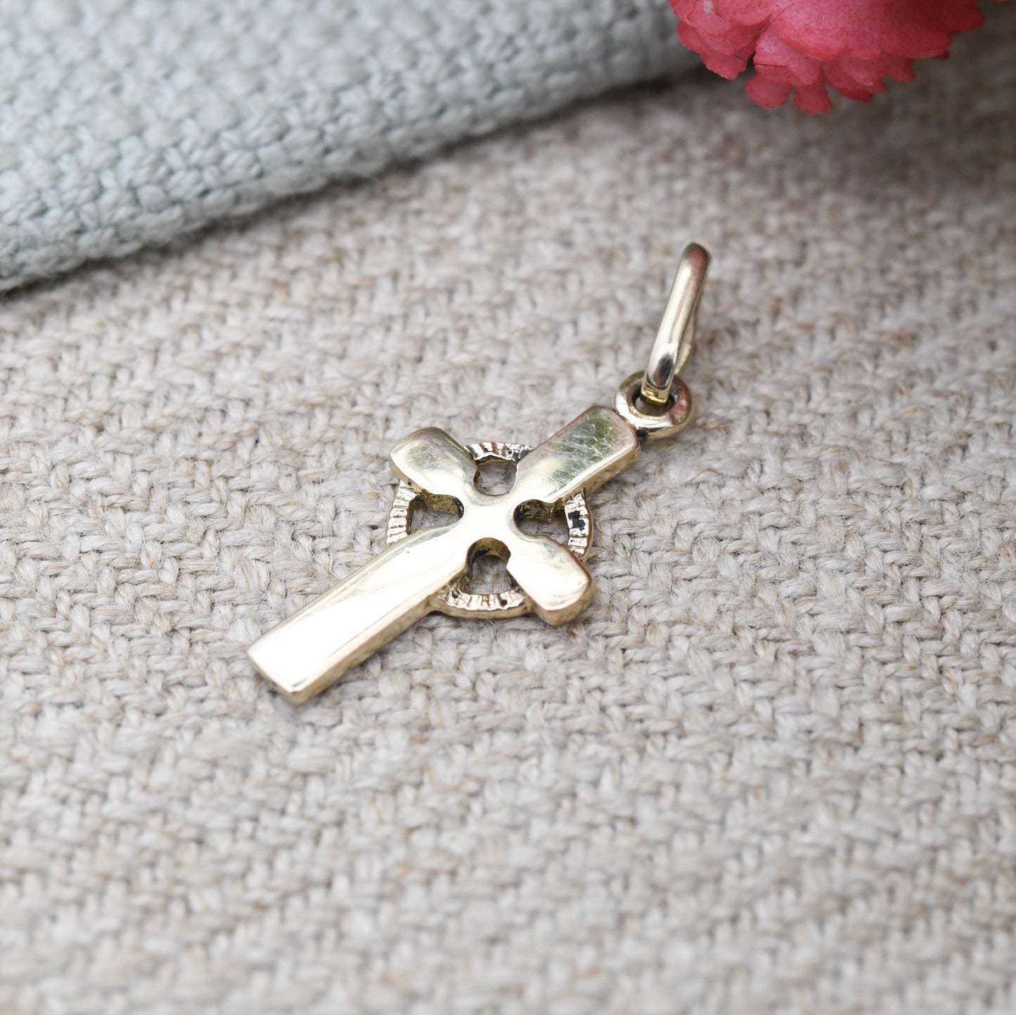 Vintage 9ct Gold Celtic Cross Charm Pendant - Little Solid Yellow Gold Cross Christian Religious Necklace Gift for Christening Baptism