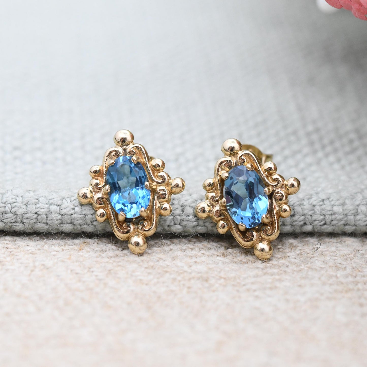 Vintage 9ct Gold Blue Stone Stud Earrings 1990 - Ornate Solitaire Antique Style Frame Mounts | Pretty Gold Jewellery Gift for Her