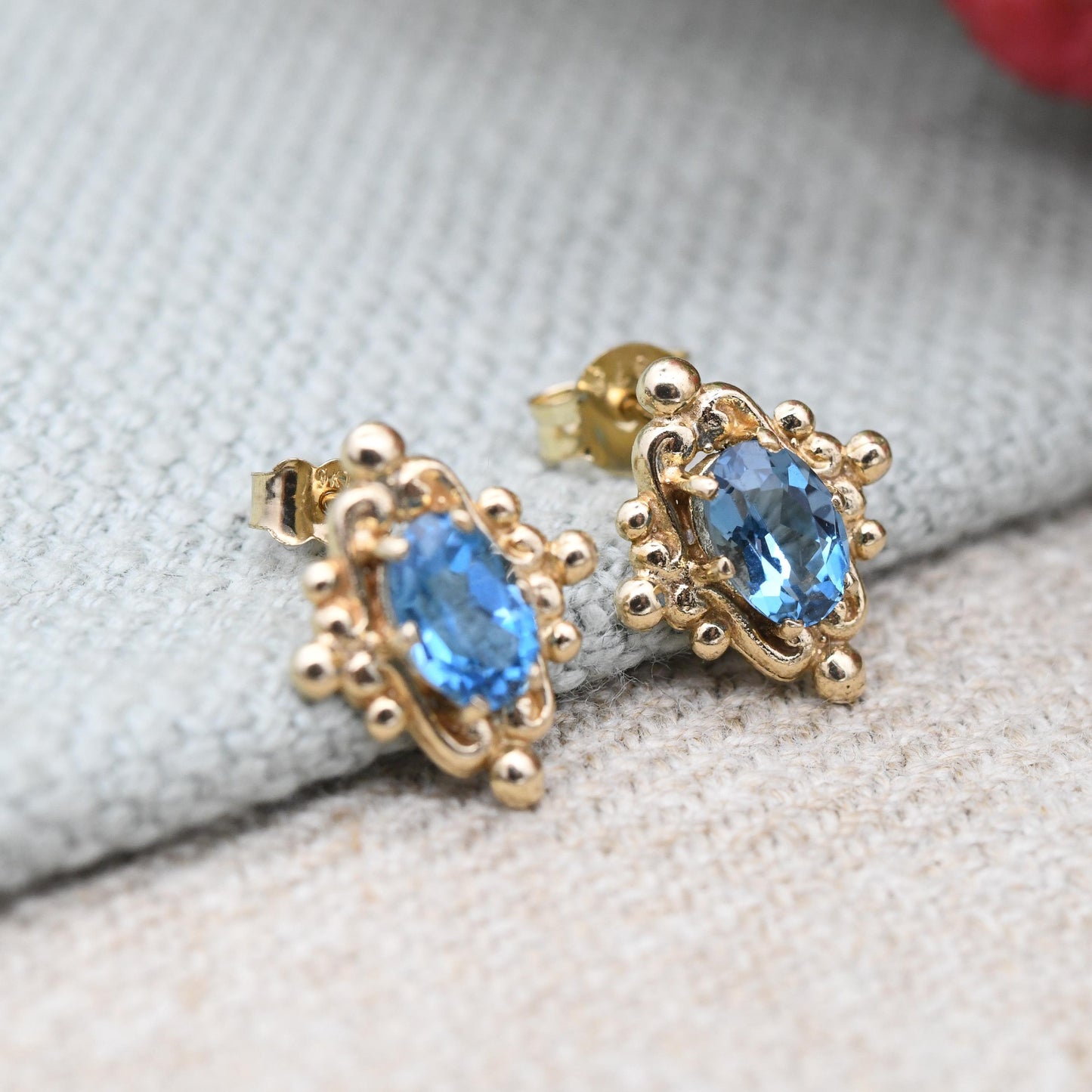 Vintage 9ct Gold Blue Stone Stud Earrings 1990 - Ornate Solitaire Antique Style Frame Mounts | Pretty Gold Jewellery Gift for Her
