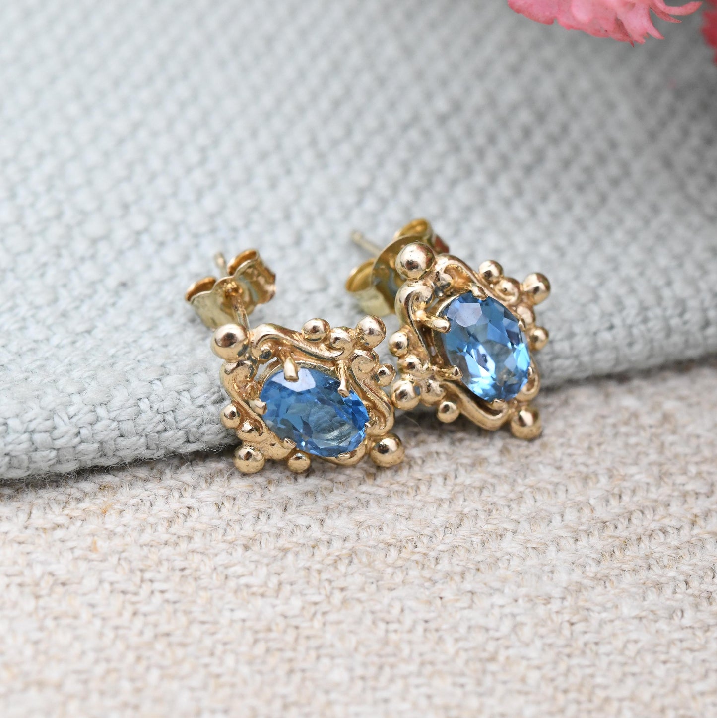 Vintage 9ct Gold Blue Stone Stud Earrings 1990 - Ornate Solitaire Antique Style Frame Mounts | Pretty Gold Jewellery Gift for Her