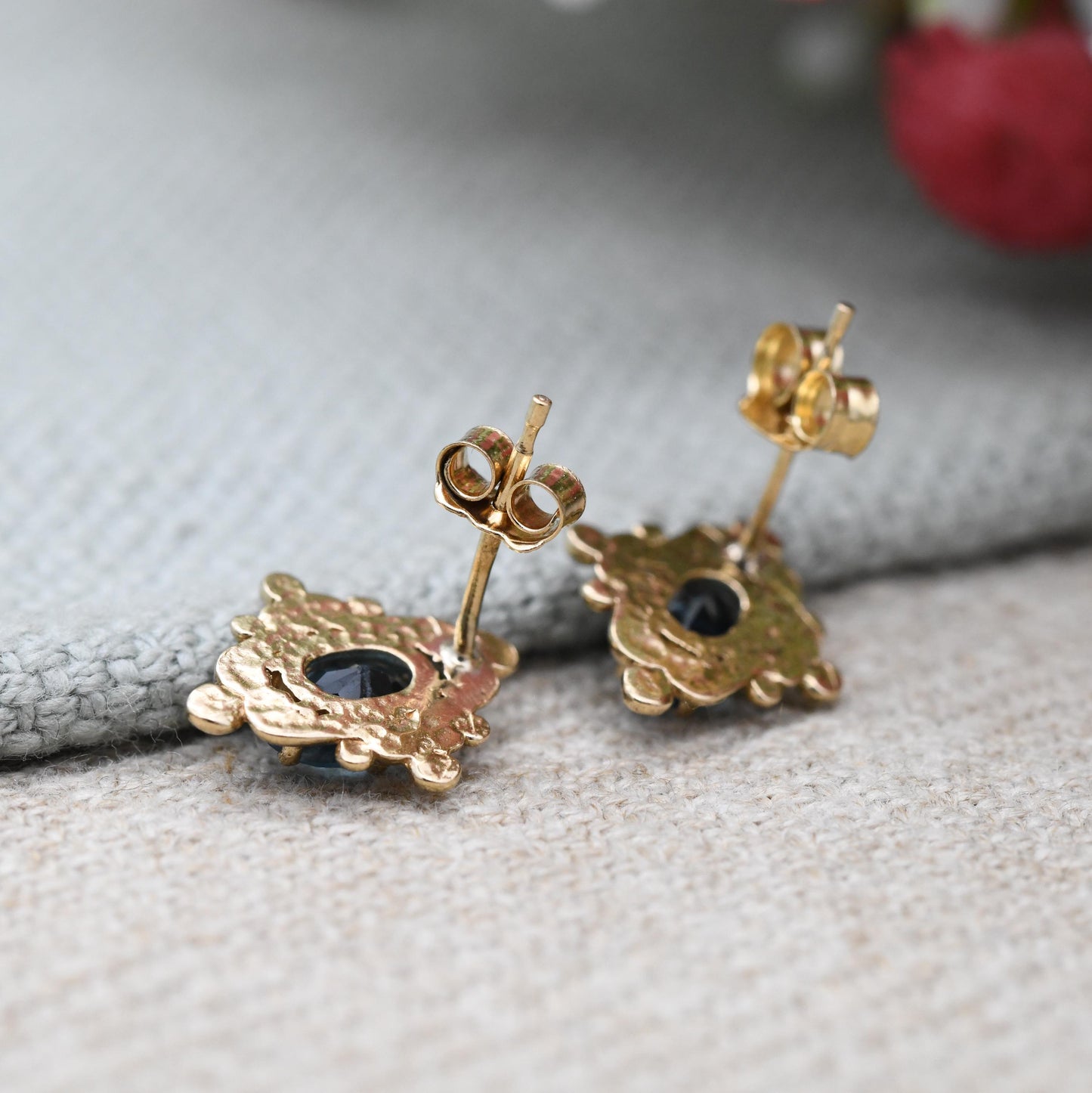 Vintage 9ct Gold Blue Stone Stud Earrings 1990 - Ornate Solitaire Antique Style Frame Mounts | Pretty Gold Jewellery Gift for Her