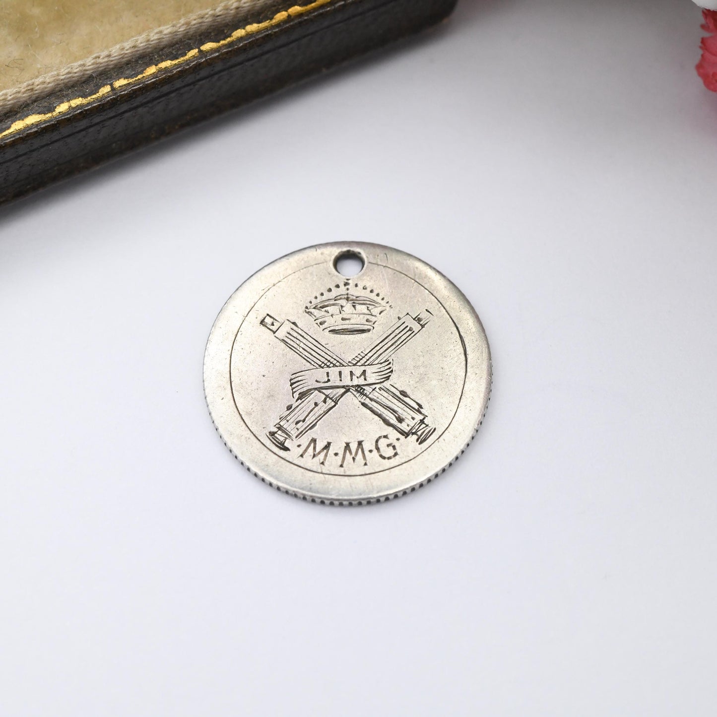 Antique WWI Motor Machine Guns Silver Love Token Sixpence Coin Charm Pendant MMG Badge c 1914 - Engraved Pictorial Medallion Army Emblem Jim