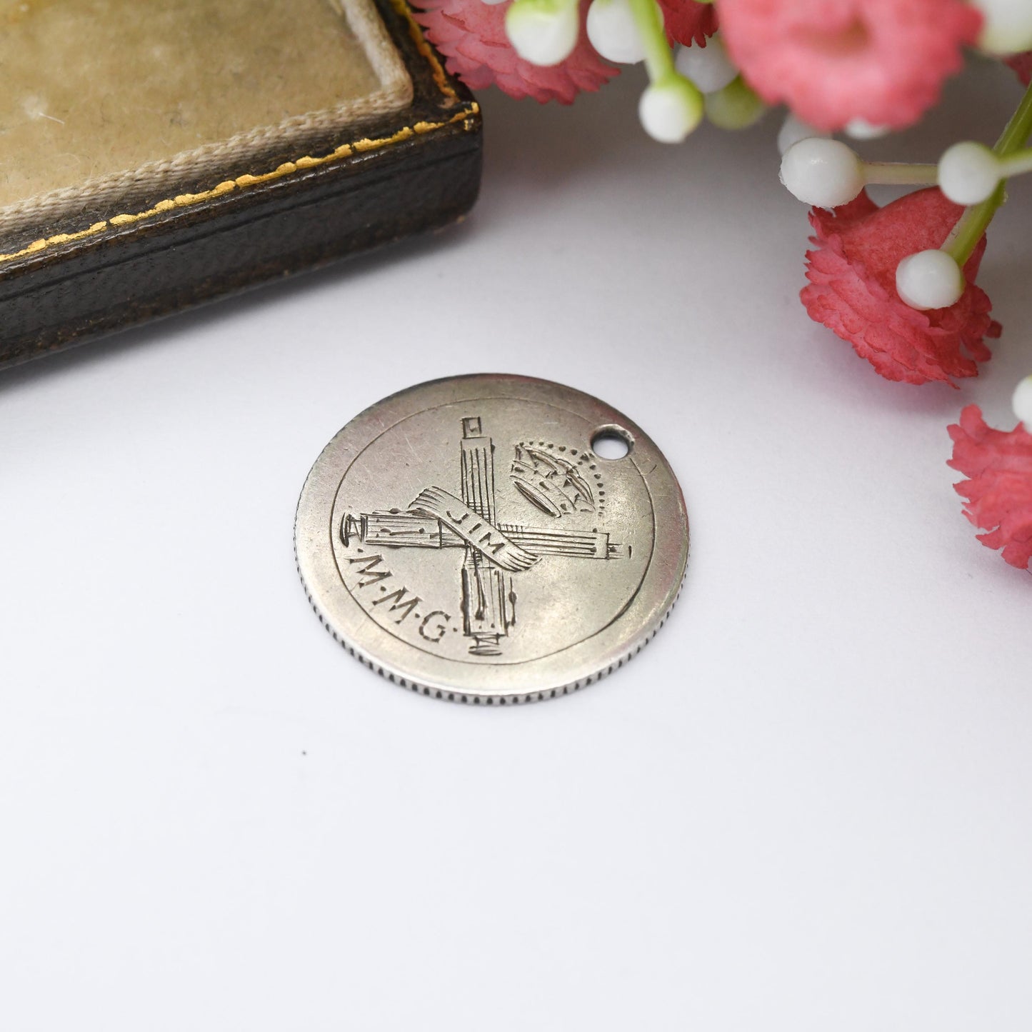 Antique WWI Motor Machine Guns Silver Love Token Sixpence Coin Charm Pendant MMG Badge c 1914 - Engraved Pictorial Medallion Army Emblem Jim
