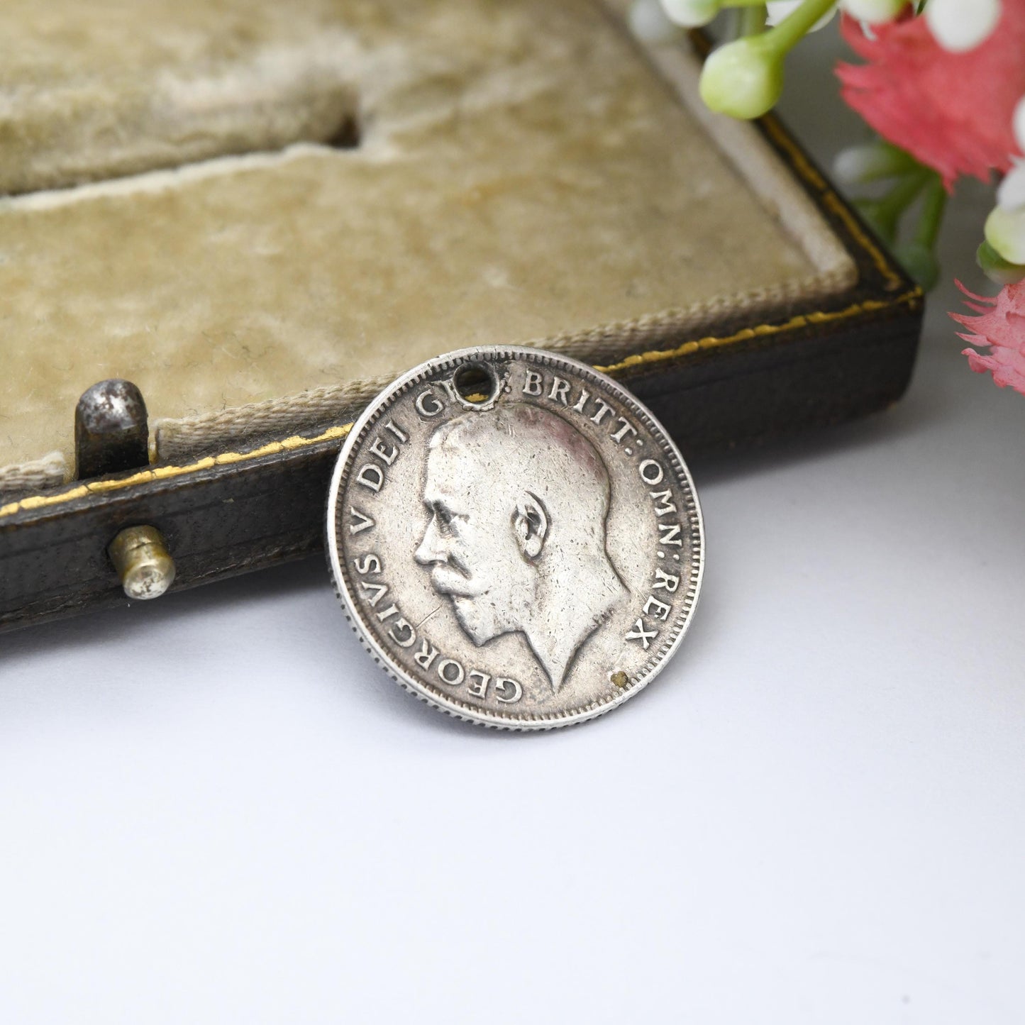Antique WWI Motor Machine Guns Silver Love Token Sixpence Coin Charm Pendant MMG Badge c 1914 - Engraved Pictorial Medallion Army Emblem Jim