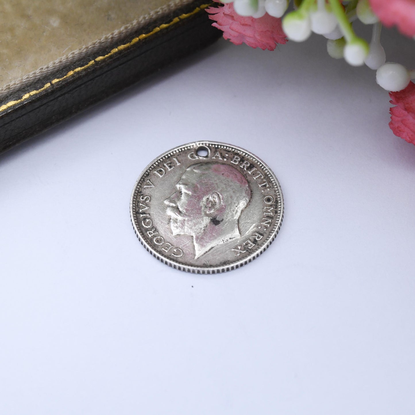 Antique WWI Gunners Silver Love Token Sixpence Coin Charm Pendant Royal Artillery Badge c 1914 - Engraved Pictorial Cannon British Army Hugh