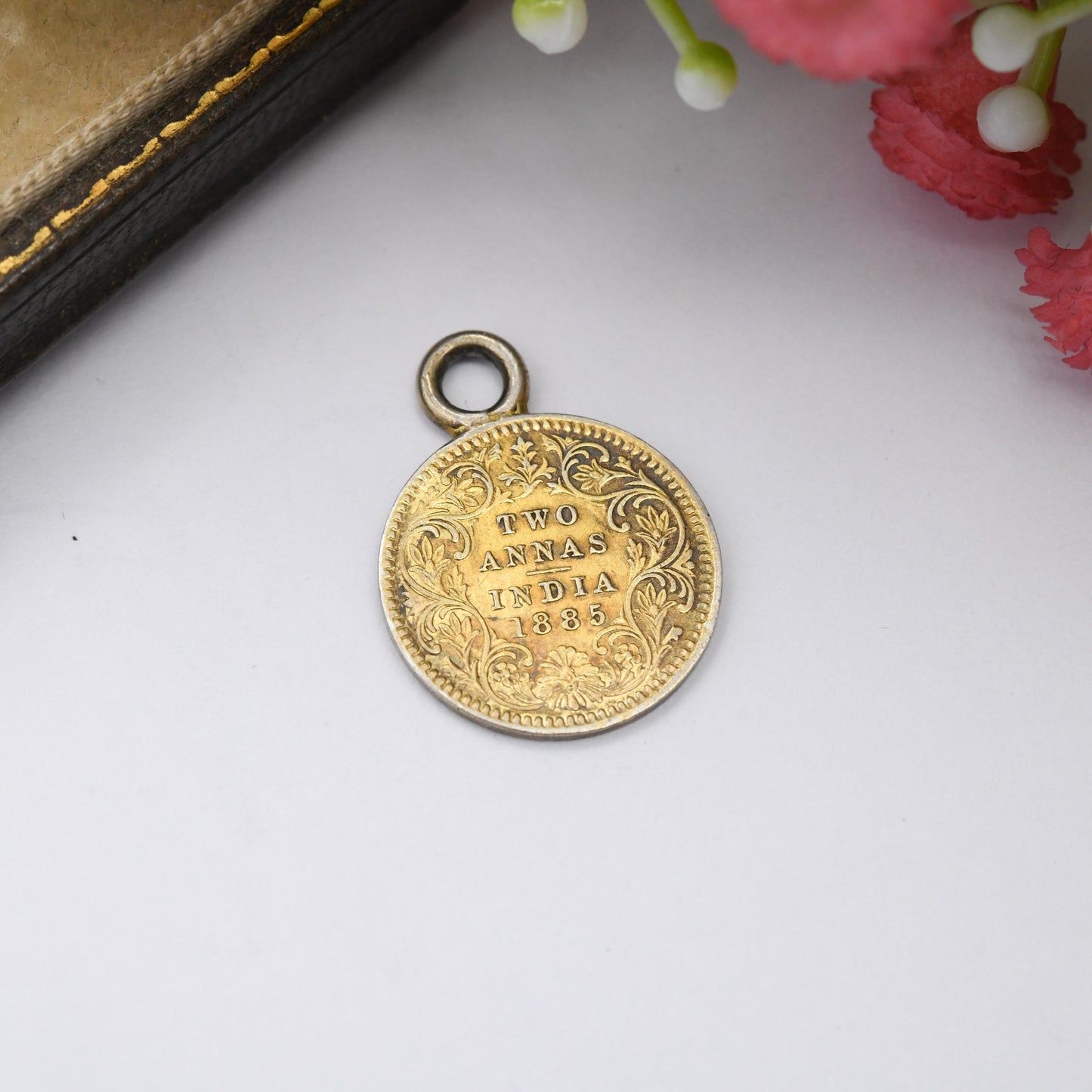 Antique Victorian Indian Two Annas Coin 1885 Silver Charm Pendant - Crowned Victoria Indian Silver Coin Jewellery | Gold Plated