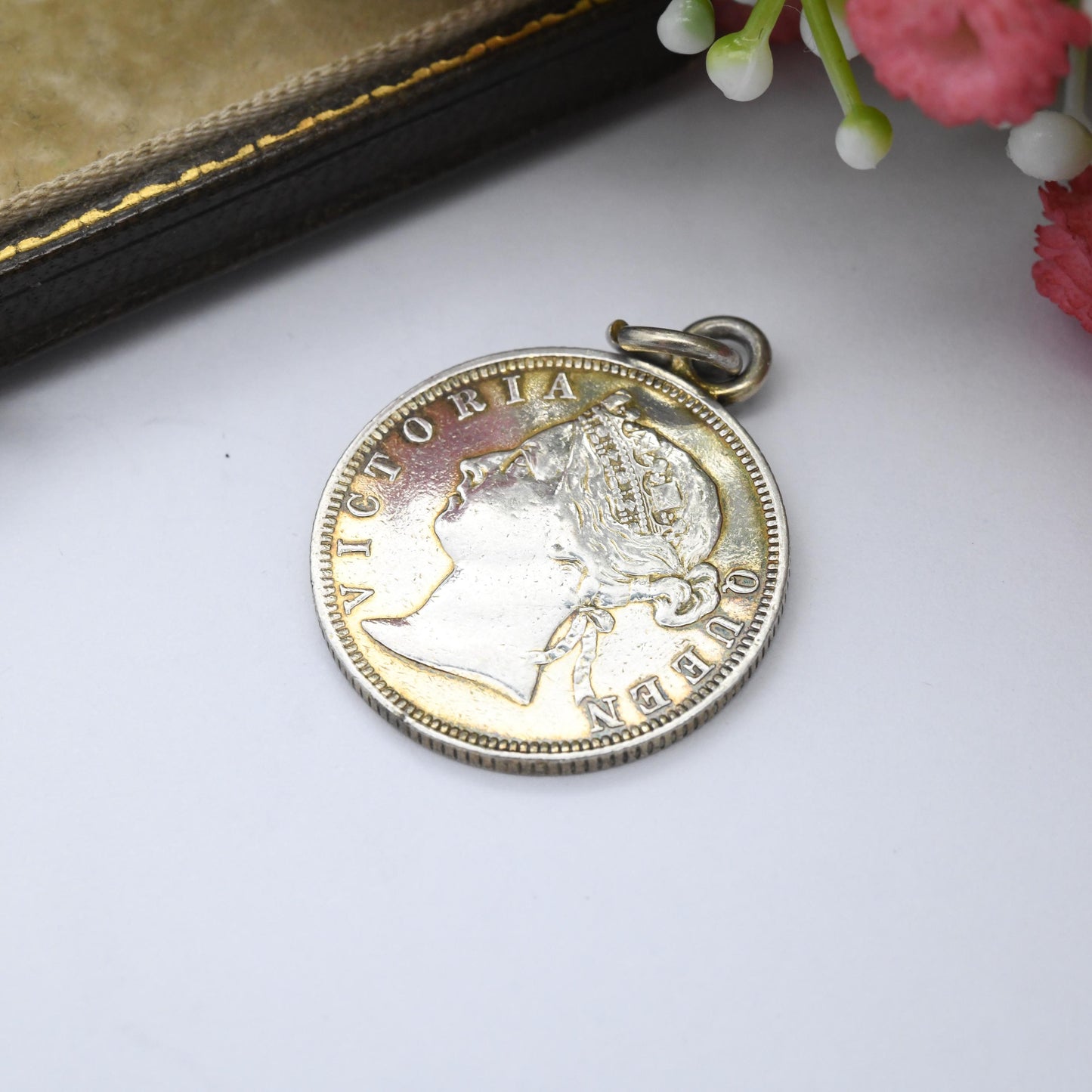Antique Hong Kong 20 Cents Coin 1885 Queen Victoria Silver Charm Pendant - Young Victoria Crowned Chinese Coin Jewellery