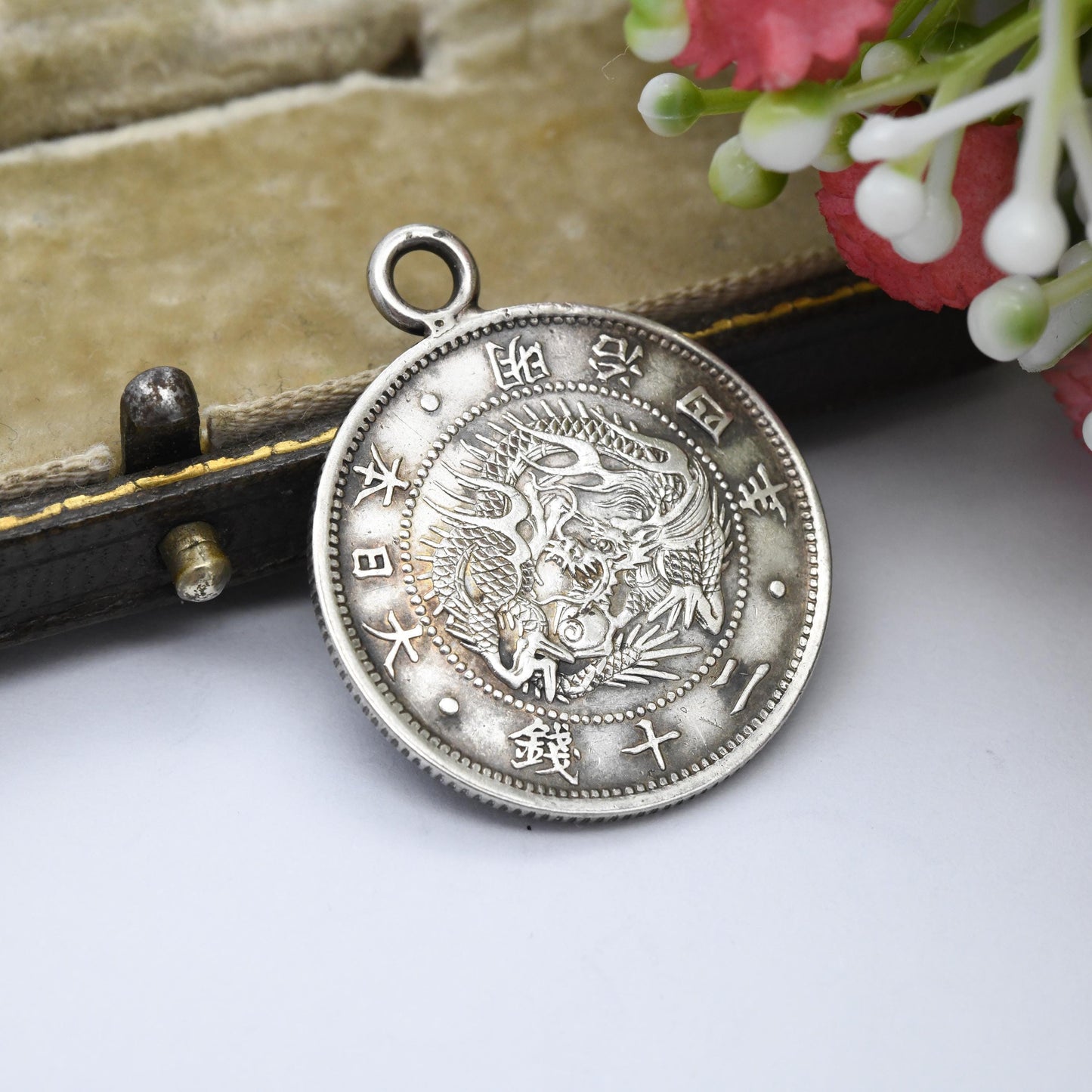 1871 Japanese 20 Sen Coin Silver Charm Pendant Antique Year 4 of Meji - Scarce Silver Coin Jewellery | Extremely Fine XF