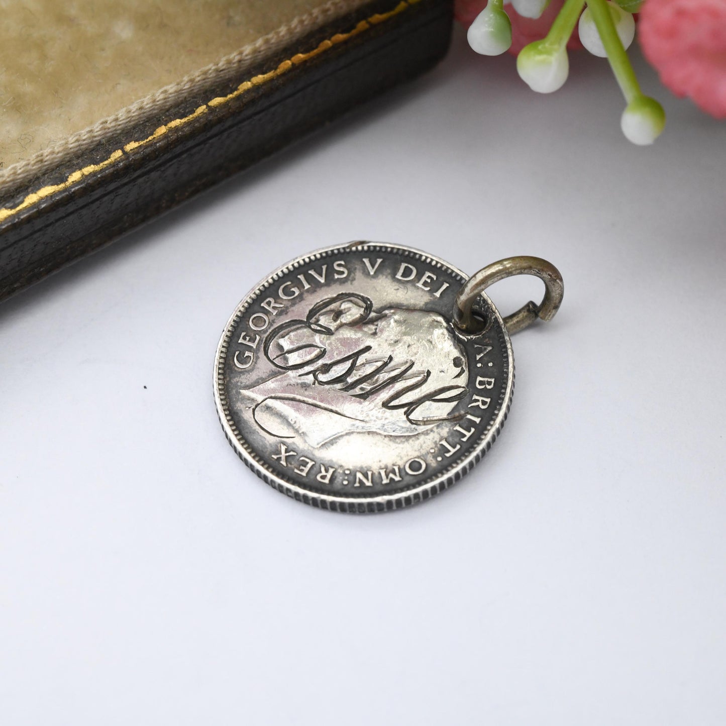 Antique Sterling Silver Love Token Esme Sixpence Coin Charm Pendant 1917 George V - Personalised Esmé Gift | Hand Enngraved Name Charm