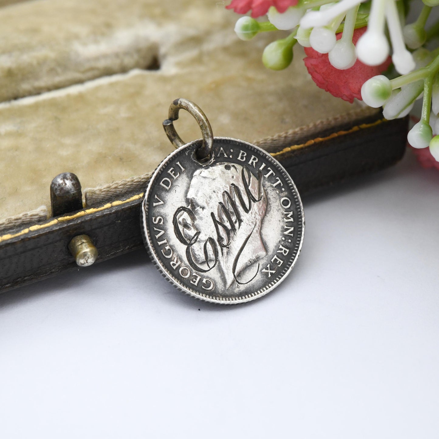 Antique Sterling Silver Love Token Esme Sixpence Coin Charm Pendant 1917 George V - Personalised Esmé Gift | Hand Enngraved Name Charm