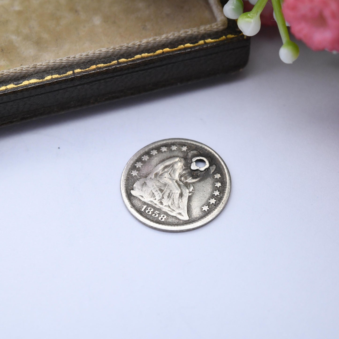 1858 American Half Dime Coin Charm Pendant Silver Antique - Old 5 Cents | USA Holed Pierced Coin Jewellery | Seated Liberty with Stars