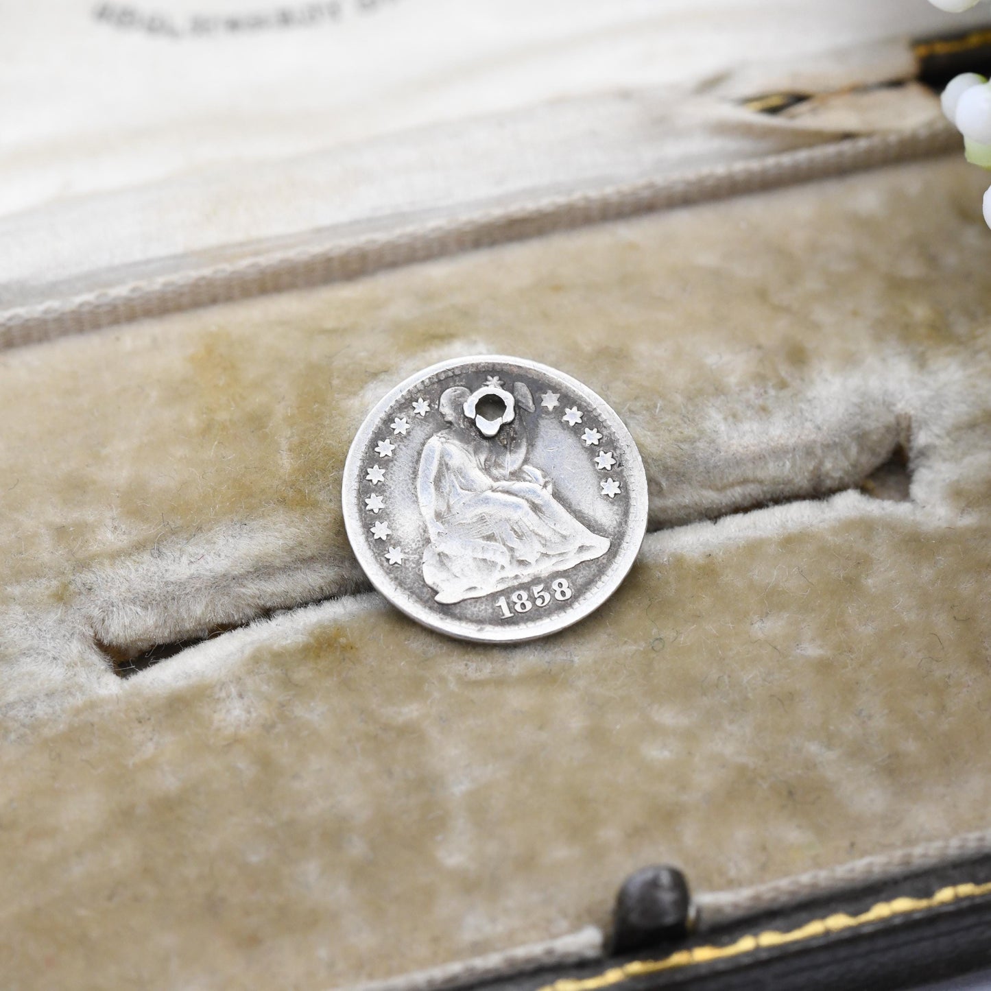 1858 American Half Dime Coin Charm Pendant Silver Antique - Old 5 Cents | USA Holed Pierced Coin Jewellery | Seated Liberty with Stars