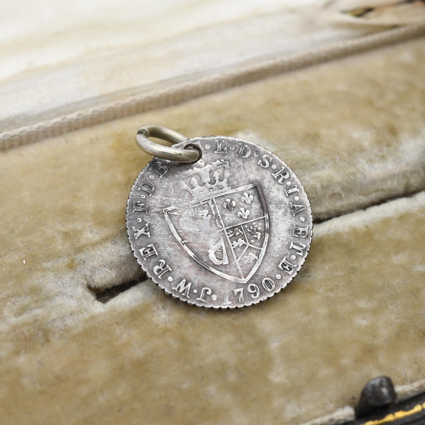 Antique 1790 George III Spade Half Guinea Gaming Token Coin Pendant JW Rex - British Silver Plated Coin Jewellery | Victorian Advertisement