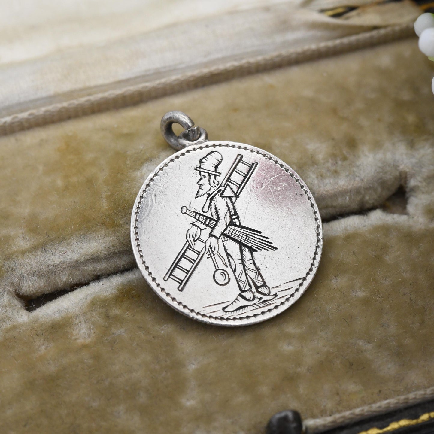 Antique Lucky Chimney Sweep Love Token Silver Charm Pendant c. 1870s - Victorian Era Hand Engraved German 1/2 Mark Coin Good Luck Pictorial