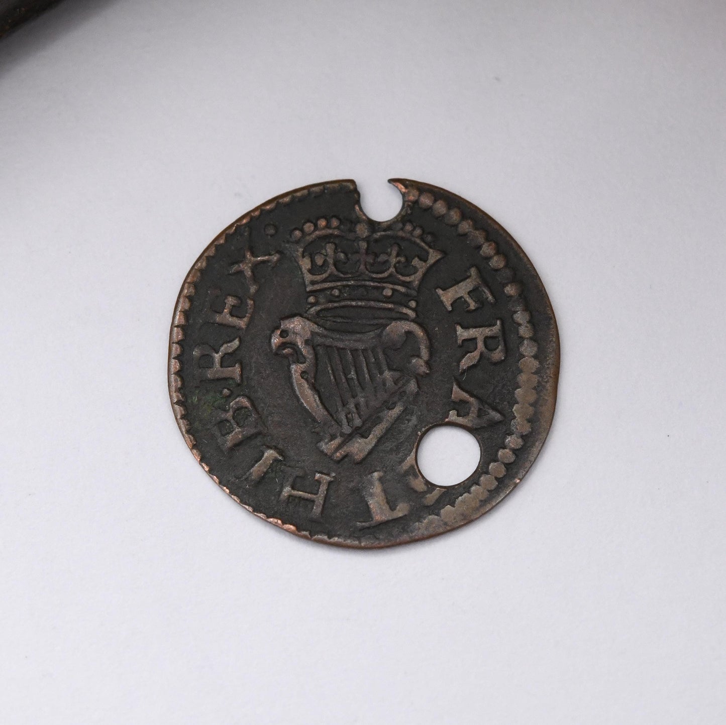 Antique Charles I 1600s Irish Farthing Coin Charm Pendant c. 1625 - 1644 - Pierced Holed Worn Copper Coin Jewellery | Good Luck Present