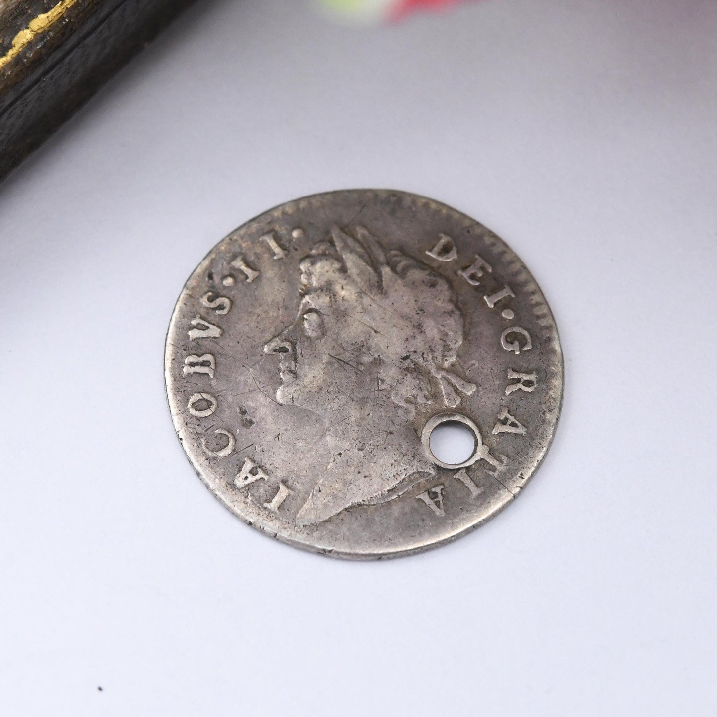 1687 King James II Silver Three Pence Coin Charm Pendant Antique - Pierced Holed Silver Coin Jewellery Lucky Three Penny Stuart Era Jacobus