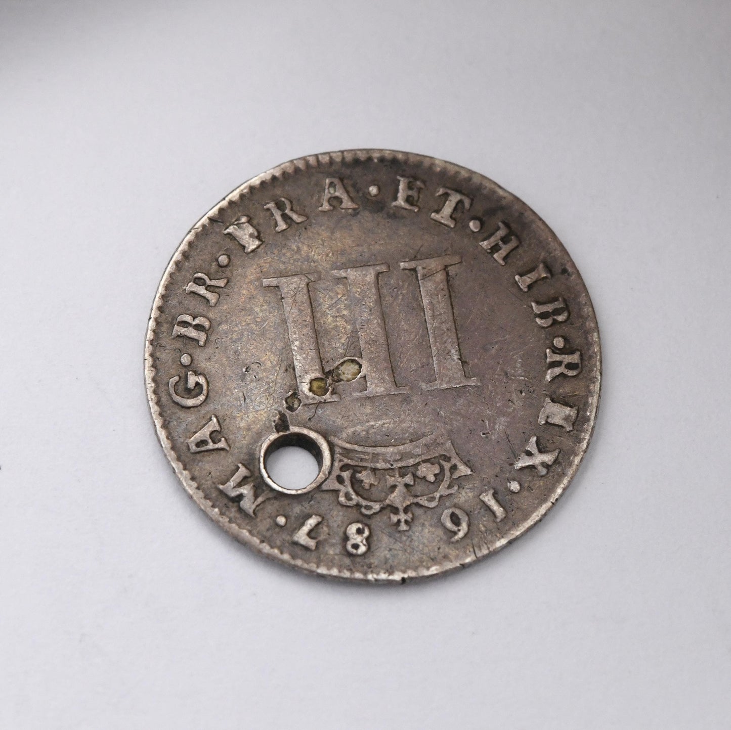1687 King James II Silver Three Pence Coin Charm Pendant Antique - Pierced Holed Silver Coin Jewellery Lucky Three Penny Stuart Era Jacobus