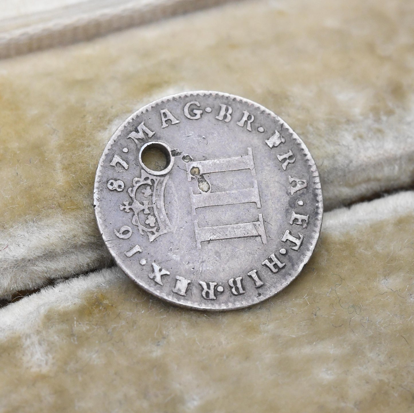 1687 King James II Silver Three Pence Coin Charm Pendant Antique - Pierced Holed Silver Coin Jewellery Lucky Three Penny Stuart Era Jacobus