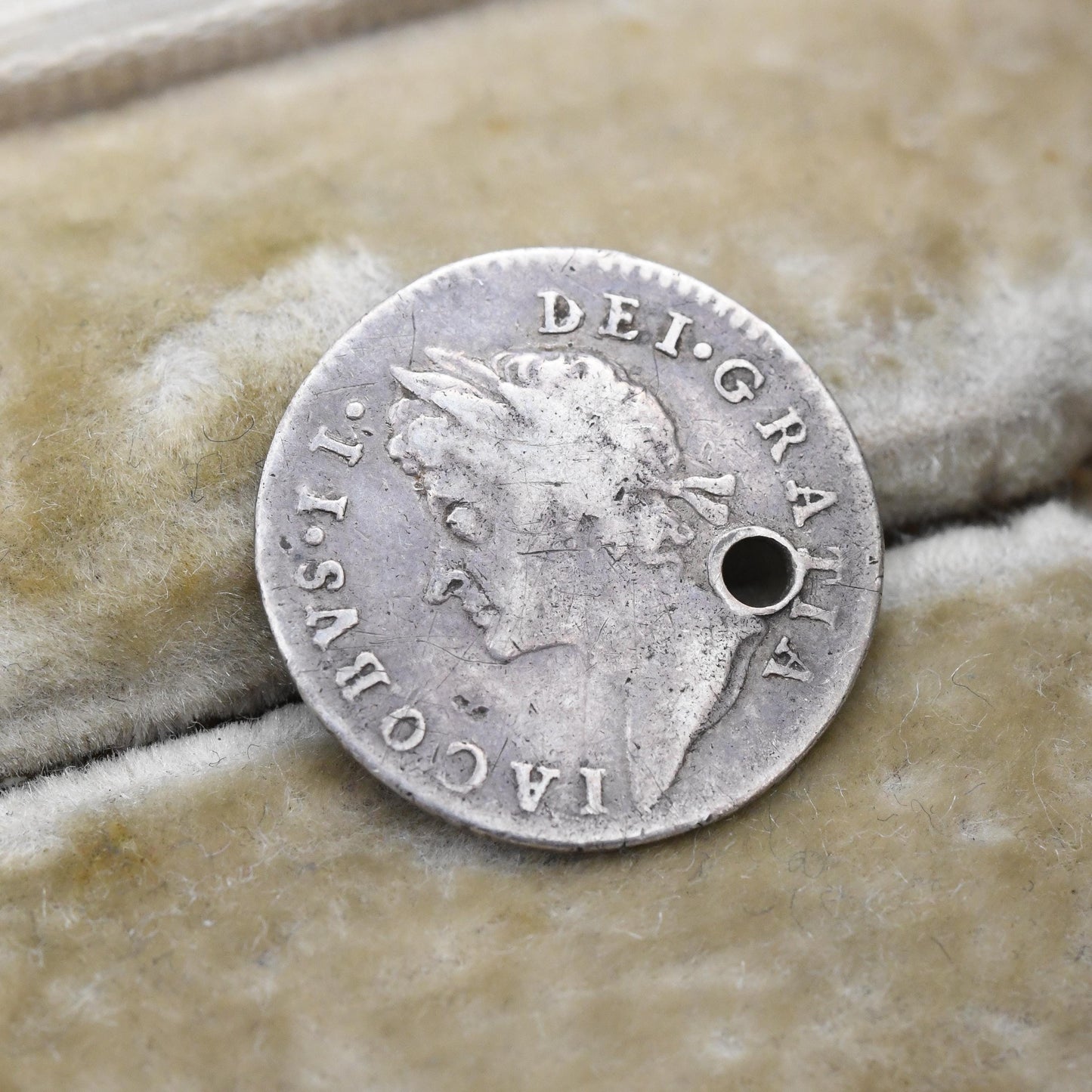1687 King James II Silver Three Pence Coin Charm Pendant Antique - Pierced Holed Silver Coin Jewellery Lucky Three Penny Stuart Era Jacobus