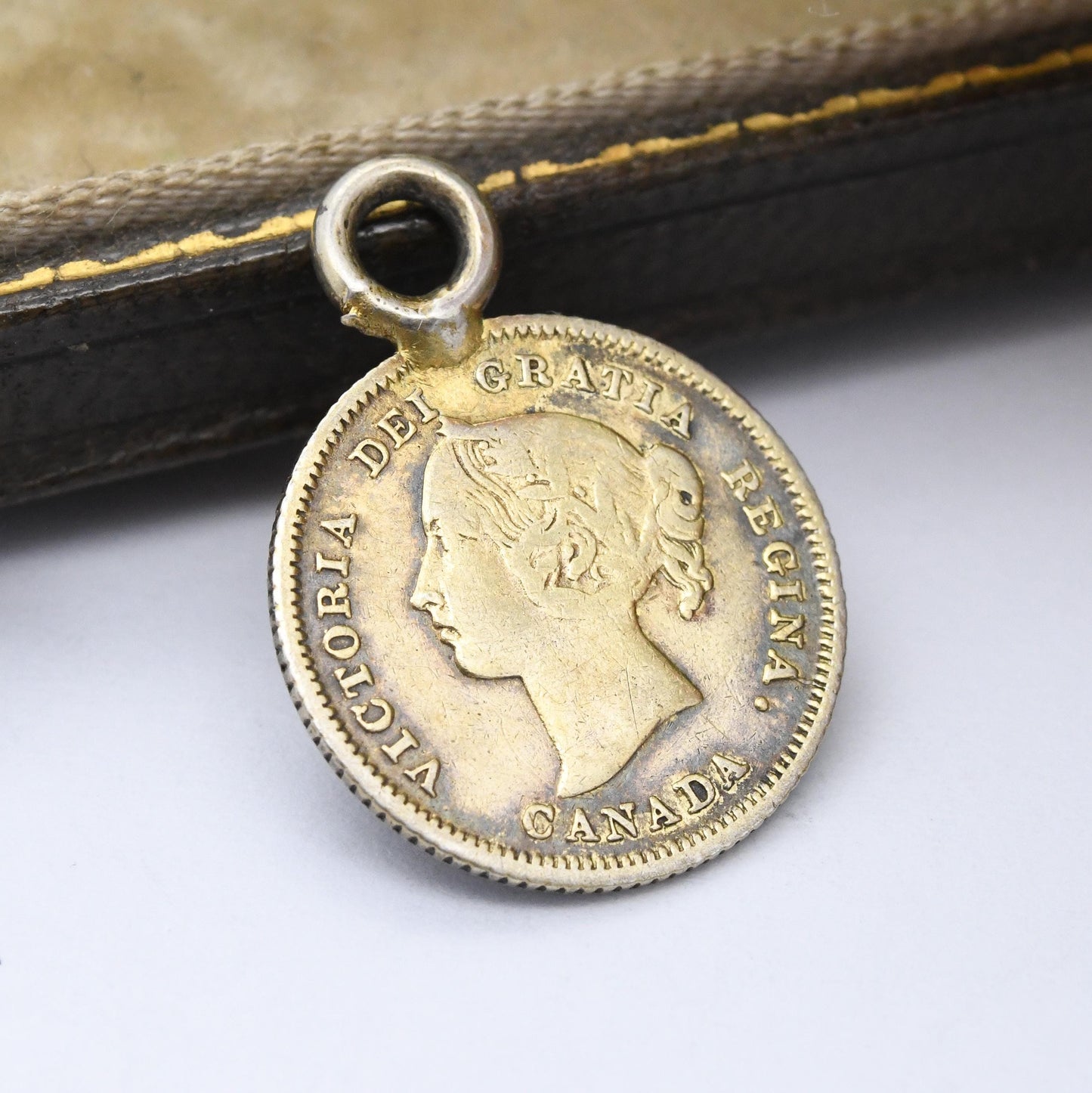 Antique Canada Victorian Silver 5 Cents Coin Charm Pendant 1882 Gold Plated - Canadian Young Head Victorian Silver Coin Jewellery Mounted