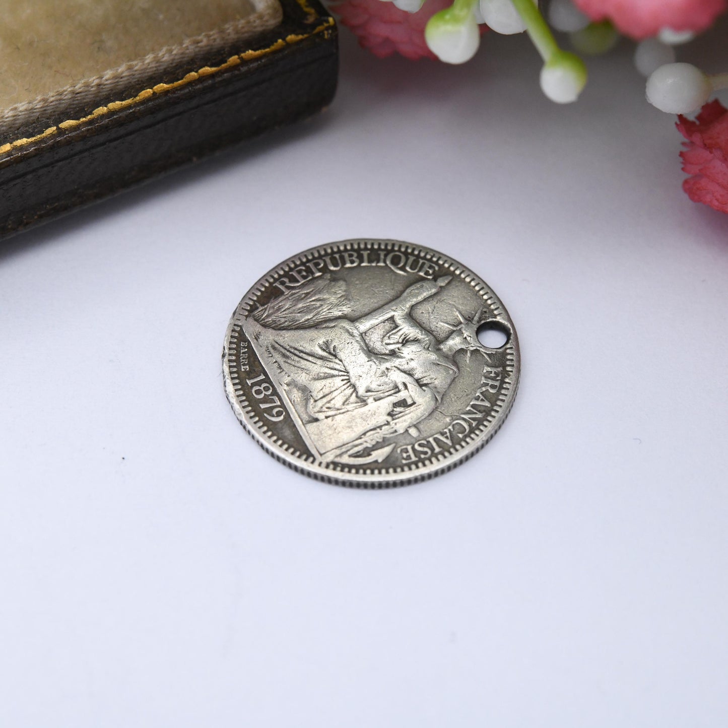 1879 French Cochinchina 10 Cents Coin Silver Antique Charm Pendant - French Republic Vietnam Scarce Coin Silver Coin Jewellery Seated France