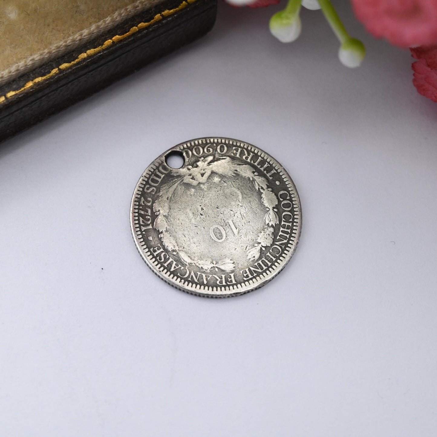 1879 French Cochinchina 10 Cents Coin Silver Antique Charm Pendant - French Republic Vietnam Scarce Coin Silver Coin Jewellery Seated France