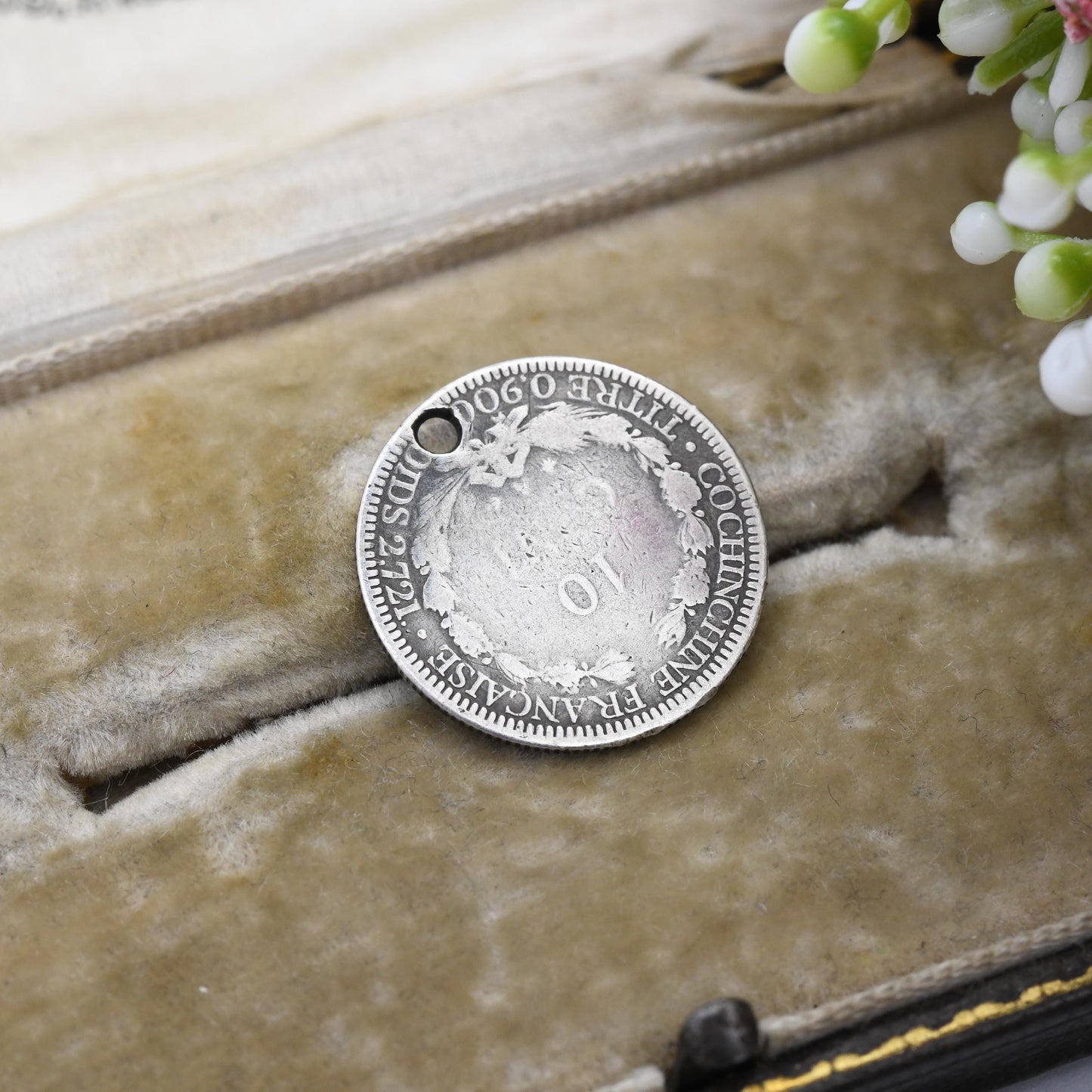 1879 French Cochinchina 10 Cents Coin Silver Antique Charm Pendant - French Republic Vietnam Scarce Coin Silver Coin Jewellery Seated France