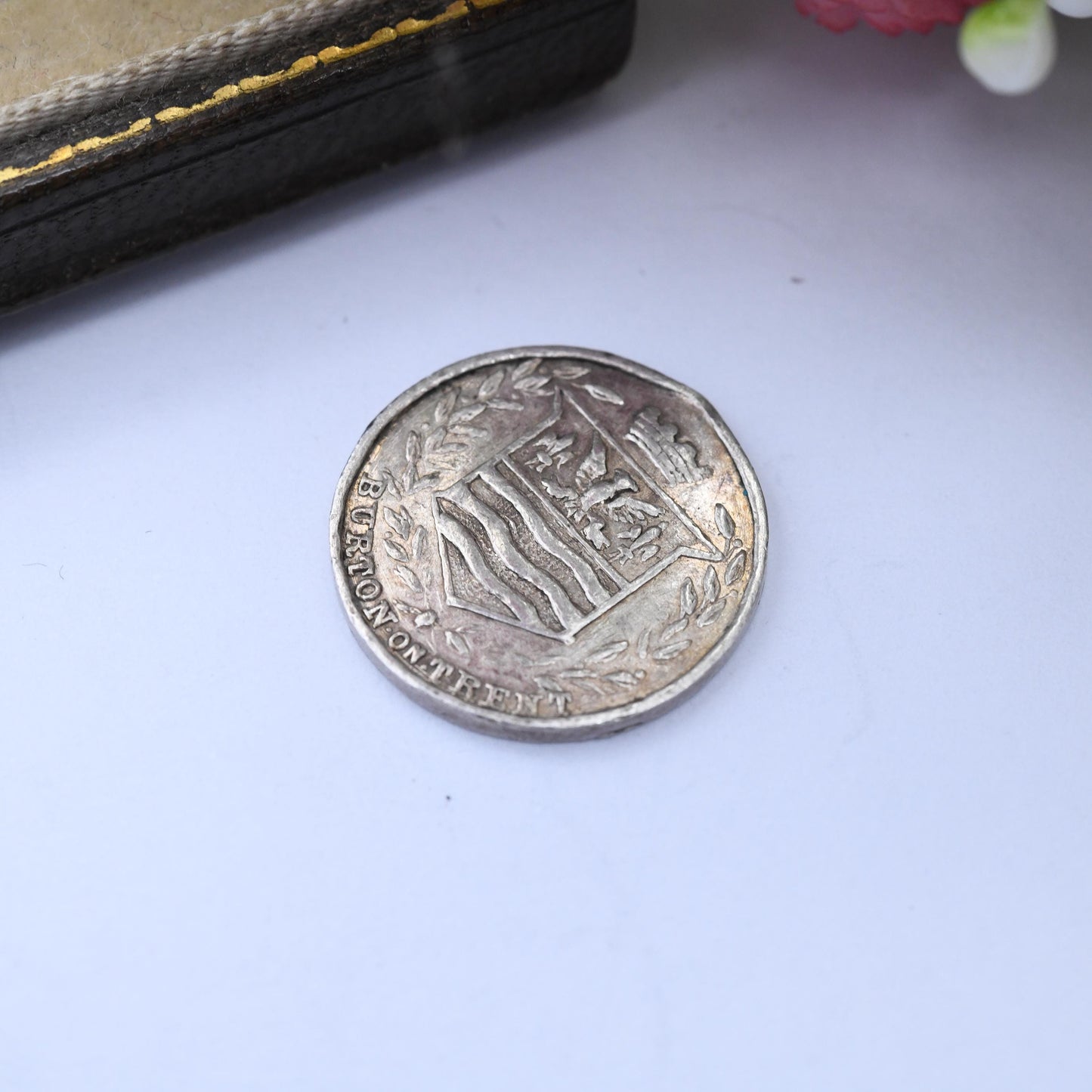 Antique Burton on Trent George V Token Souvenir Charm - Three Pence Size Shaped Silver Coin Medallion c. 1920s 1930s