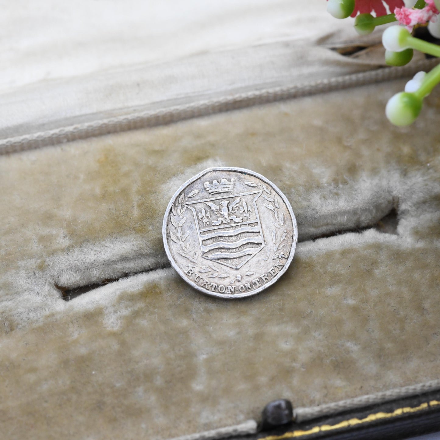 Antique Burton on Trent George V Token Souvenir Charm - Three Pence Size Shaped Silver Coin Medallion c. 1920s 1930s