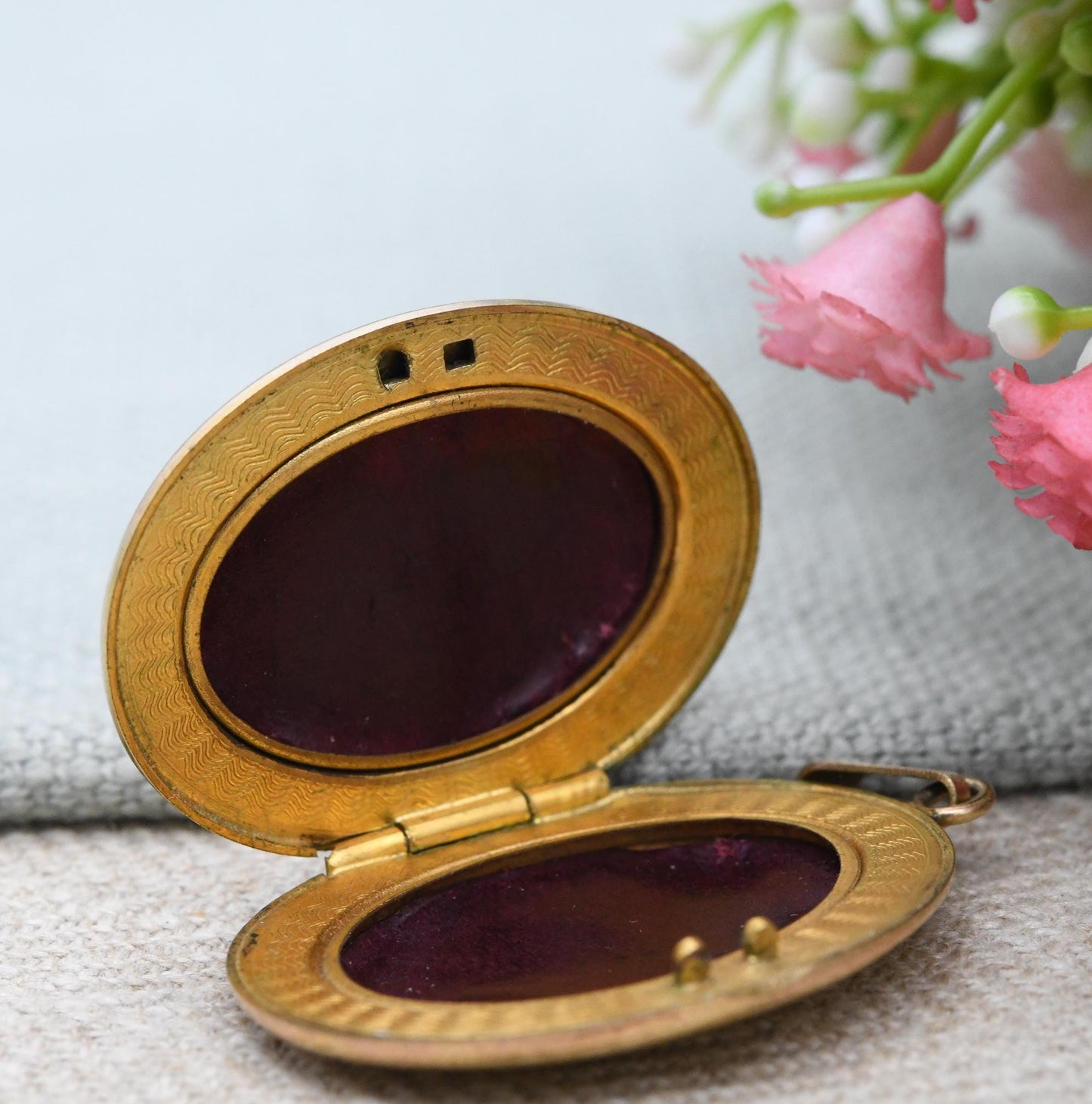 Vintage Rolled Gold Locket Pendant Monogram Initials MEC - Engraved Design Borders Inside | Large Photo Necklace c. 1960s Costume Jewellery