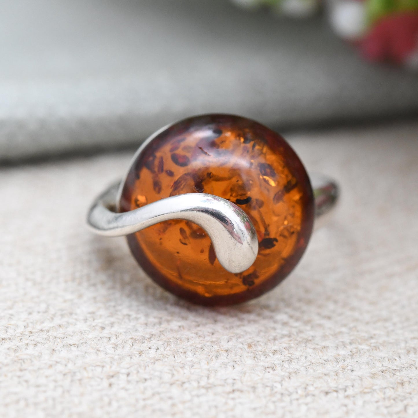 Statement Sterling Silver Amber Ring with Swirl Setting - Pretty Modernist Style Silver Ring Large Orange Stone | UK Size - S | US Size - 9