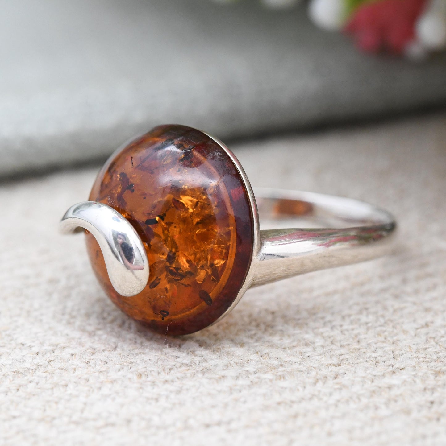 Statement Sterling Silver Amber Ring with Swirl Setting - Pretty Modernist Style Silver Ring Large Orange Stone | UK Size - S | US Size - 9