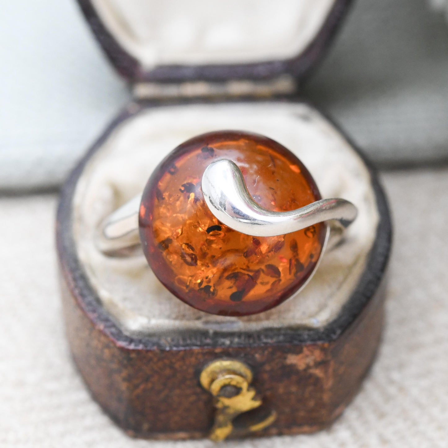 Statement Sterling Silver Amber Ring with Swirl Setting - Pretty Modernist Style Silver Ring Large Orange Stone | UK Size - S | US Size - 9