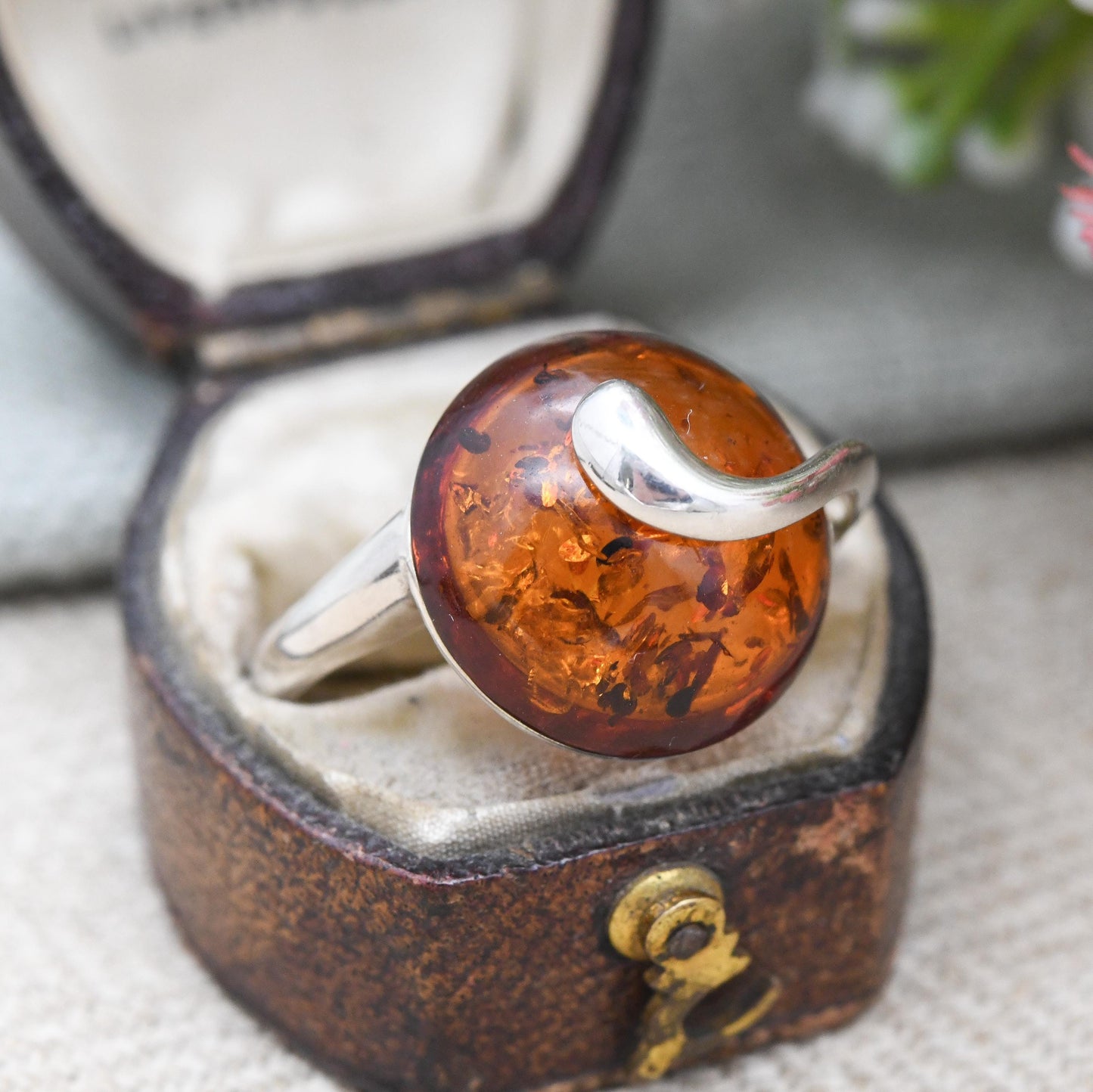 Statement Sterling Silver Amber Ring with Swirl Setting - Pretty Modernist Style Silver Ring Large Orange Stone | UK Size - S | US Size - 9