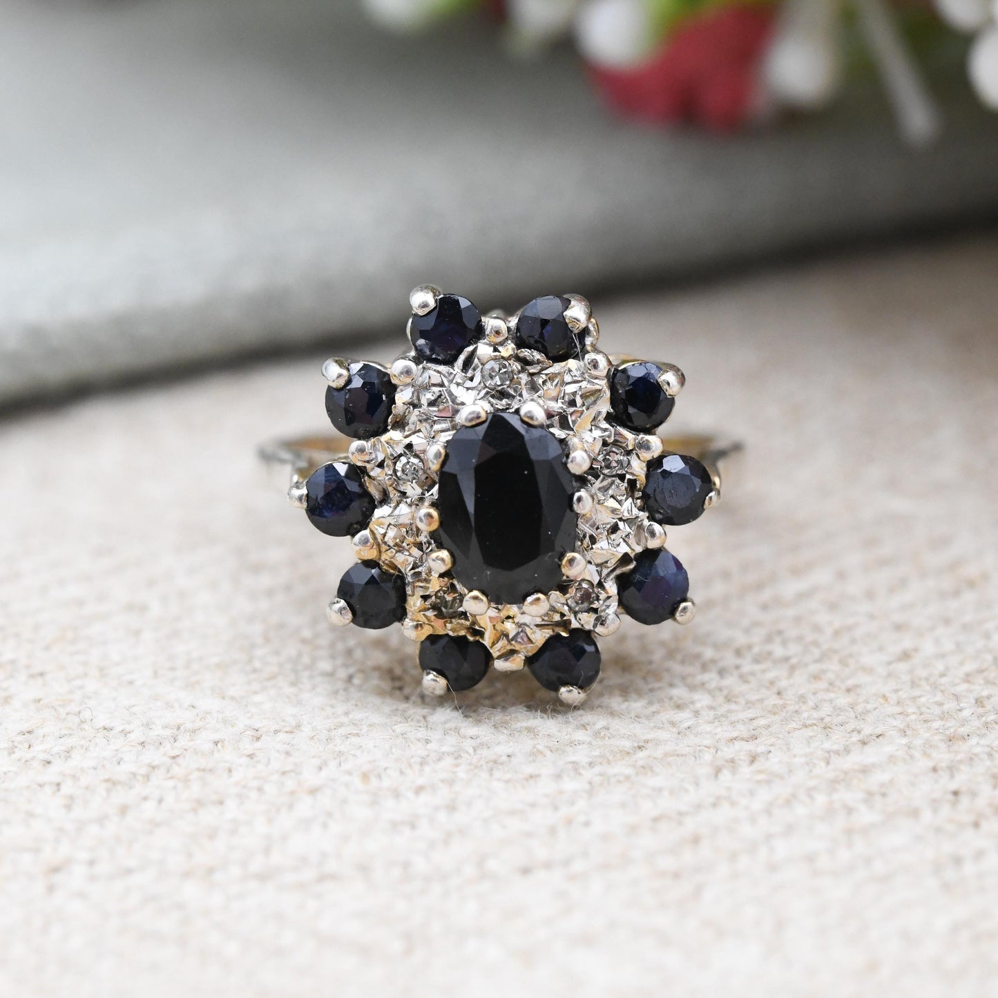 Vintage Sterling Silver Sapphire and Diamond Cocktail Ring 1981 - Mid-Century Statement Sparkly Cluster Ring | UK Size - M | US Size - 6 1/4