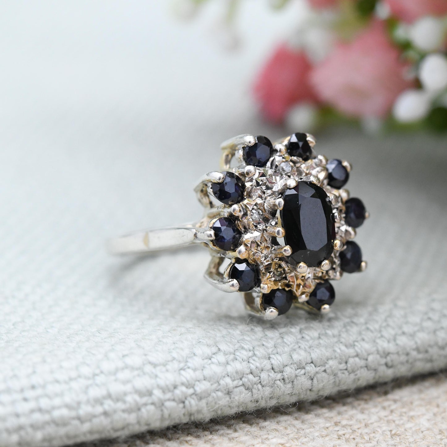 Vintage Sterling Silver Sapphire and Diamond Cocktail Ring 1981 - Mid-Century Statement Sparkly Cluster Ring | UK Size - M | US Size - 6 1/4